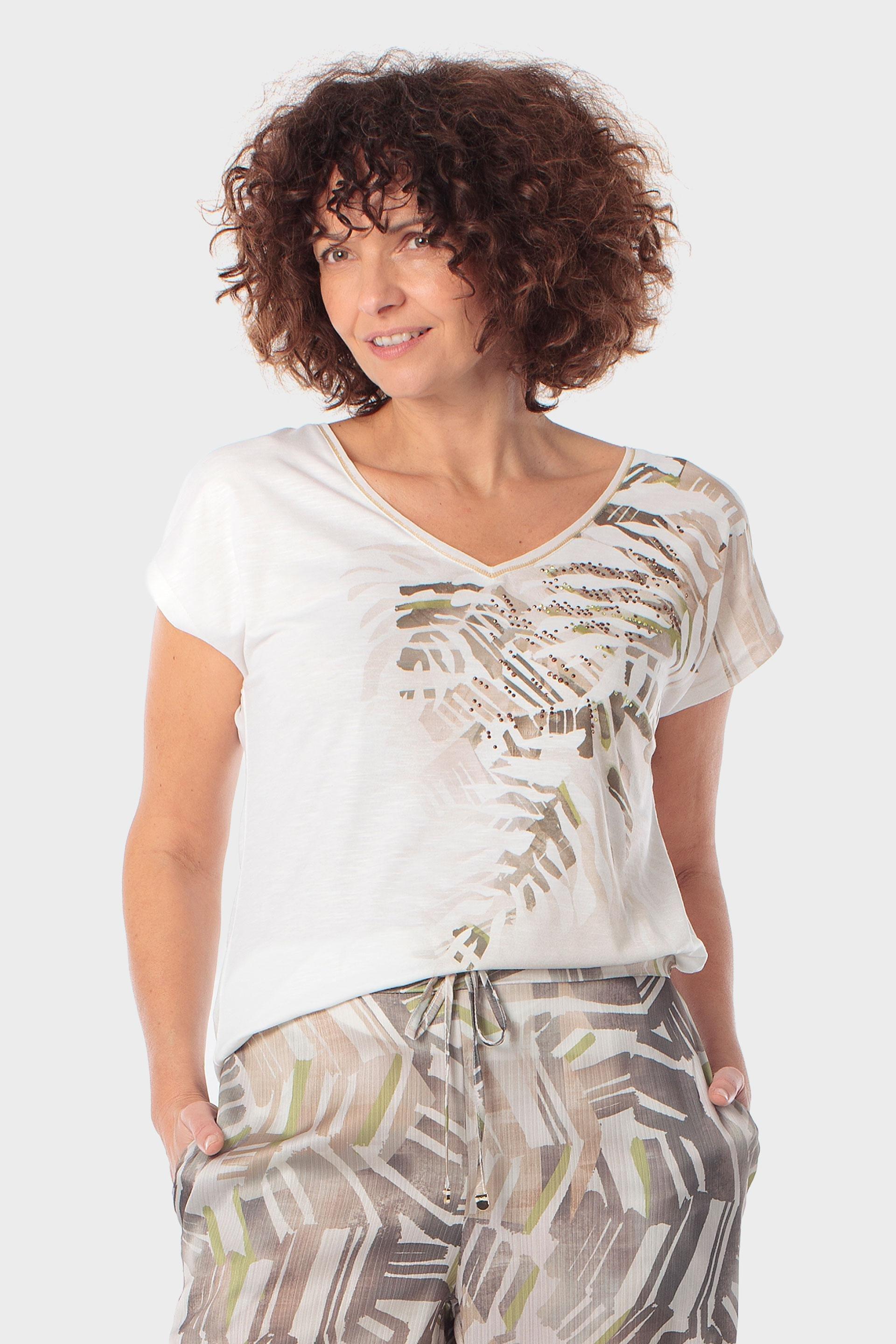 Leaf Print Embellished V-Neck T-Shirt White, Beige Sand, large image number 0