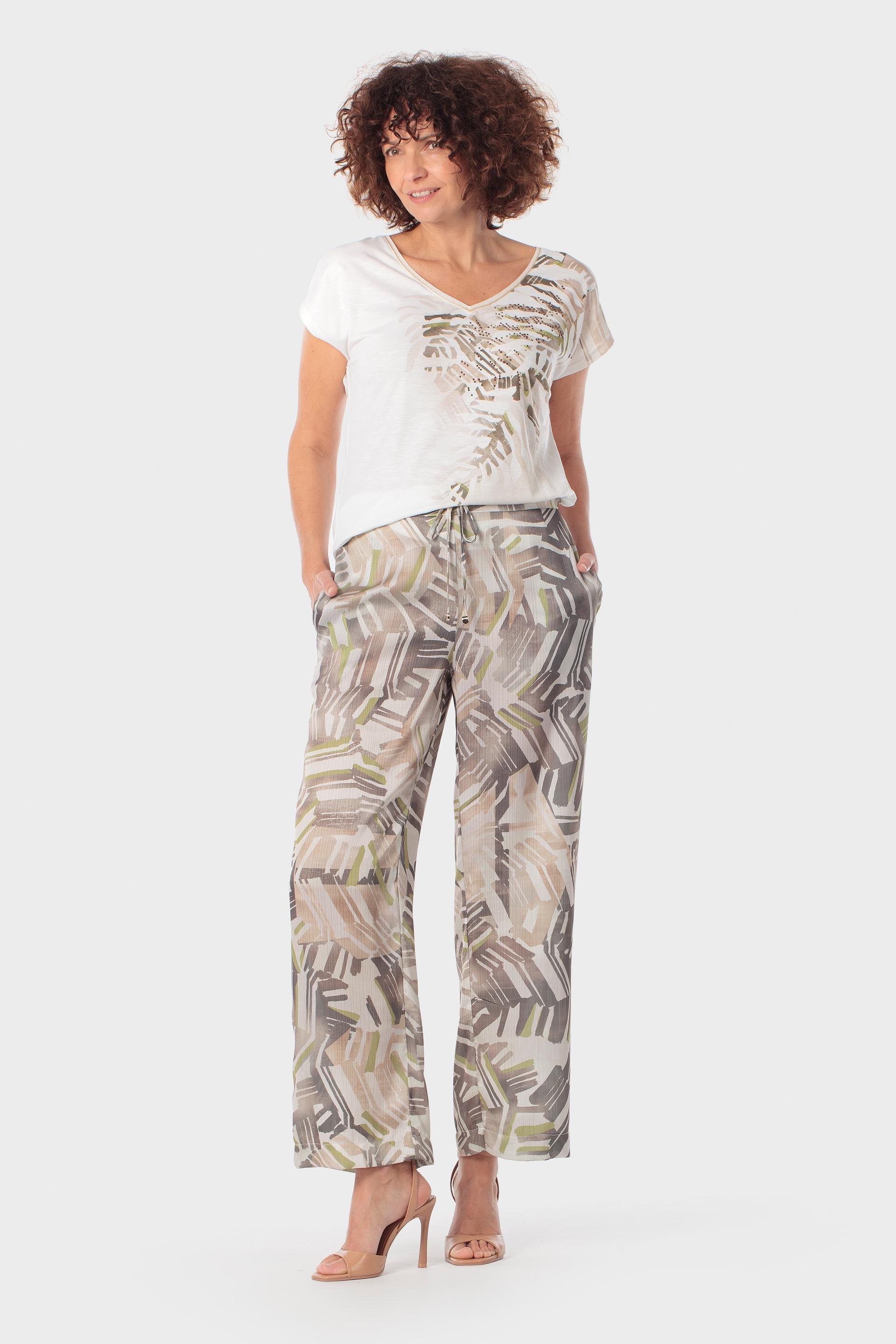 Leaf Print Embellished V-Neck T-Shirt White, Beige Sand, large image number 1