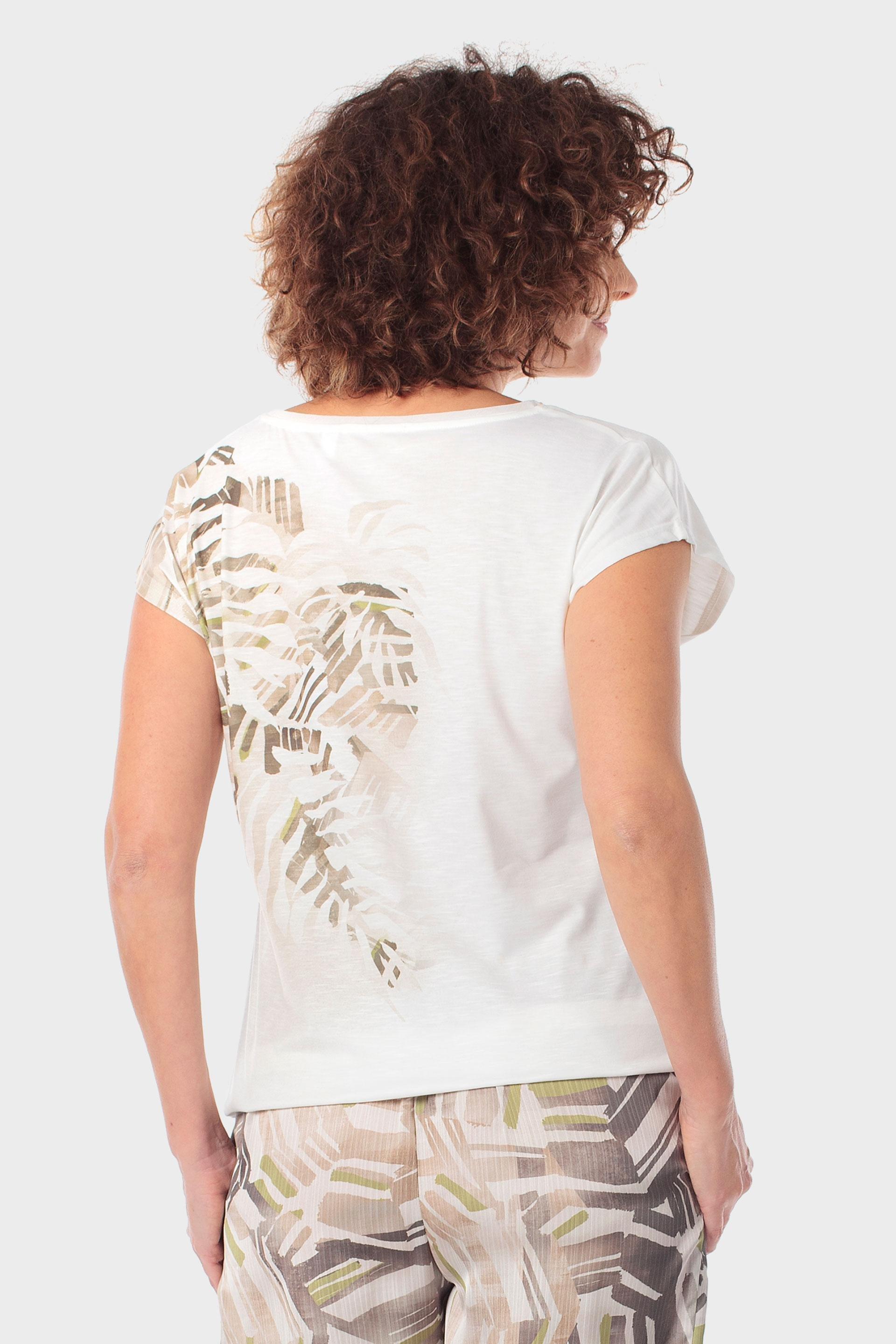 Leaf Print Embellished V-Neck T-Shirt White, Beige Sand, large image number 2