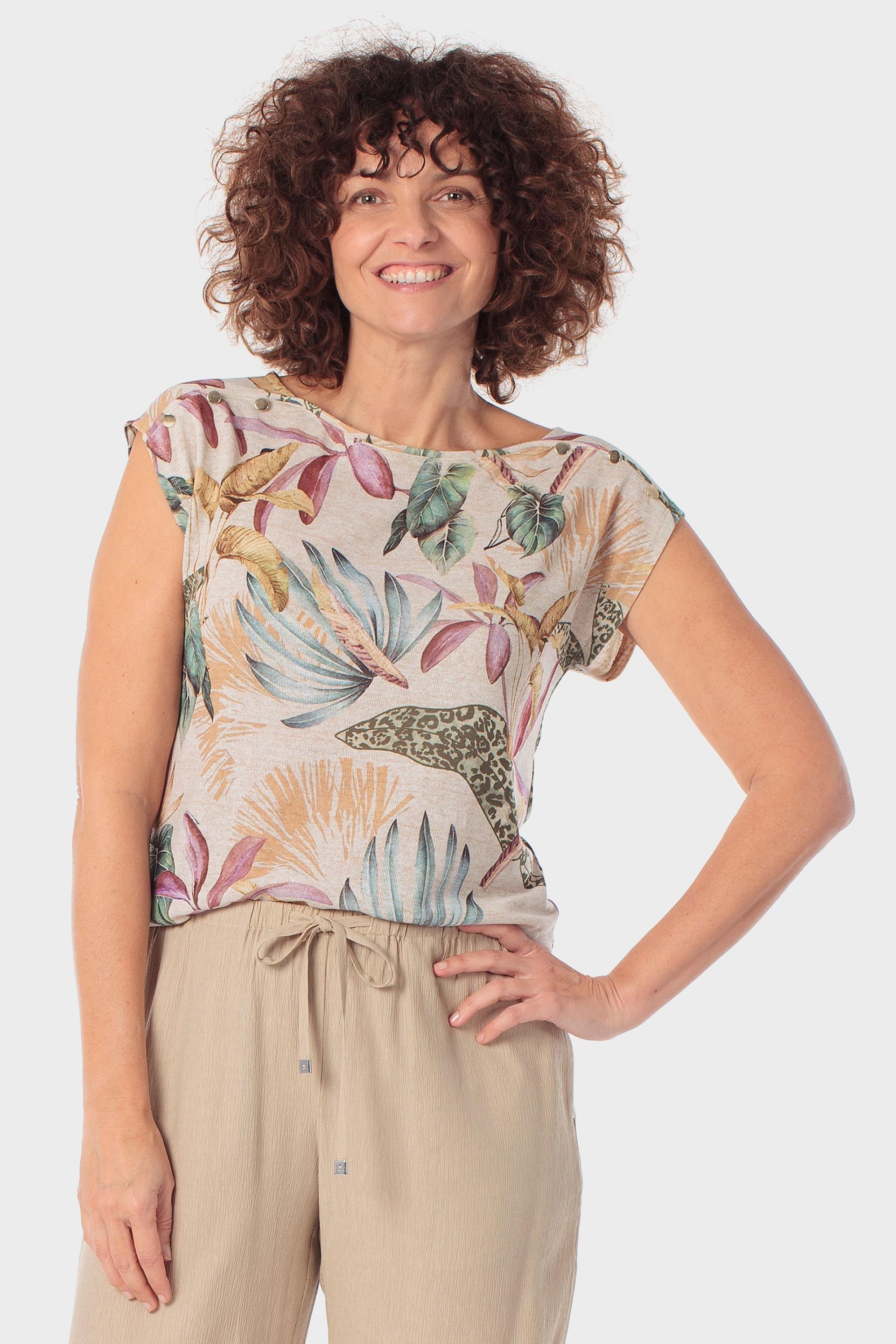 تيشيرت متعدد الألوان بطباعة استوائية نباتية, Beige Melange, large image number 0