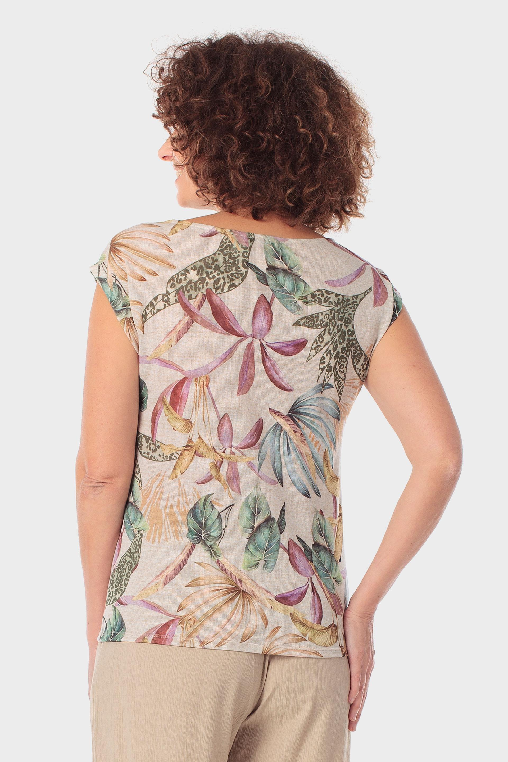 تيشيرت متعدد الألوان بطباعة استوائية نباتية, Beige Melange, medium