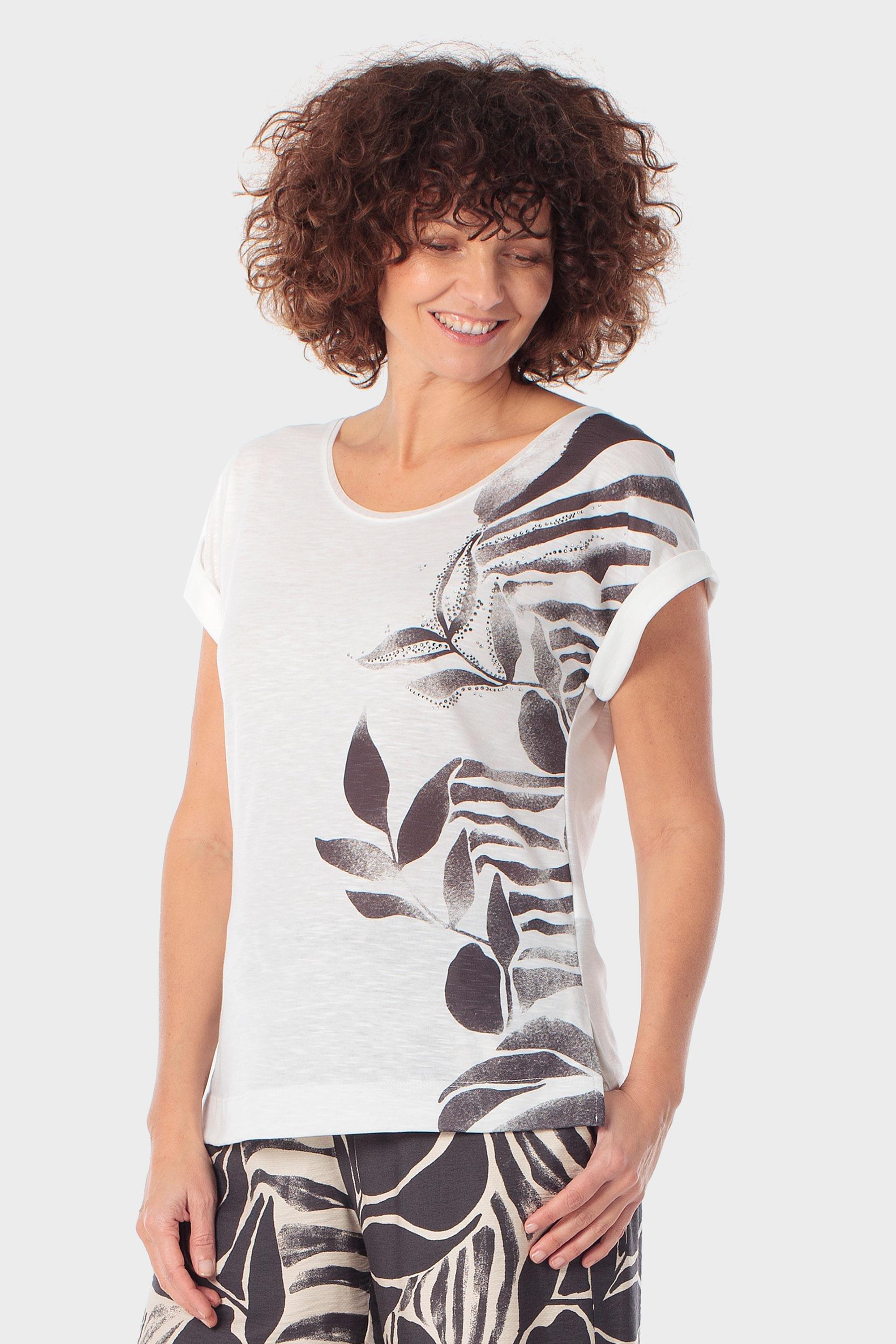 تيشيرت أبيض بطباعة نباتية وأحجار راين, Beige Talc, large image number 0