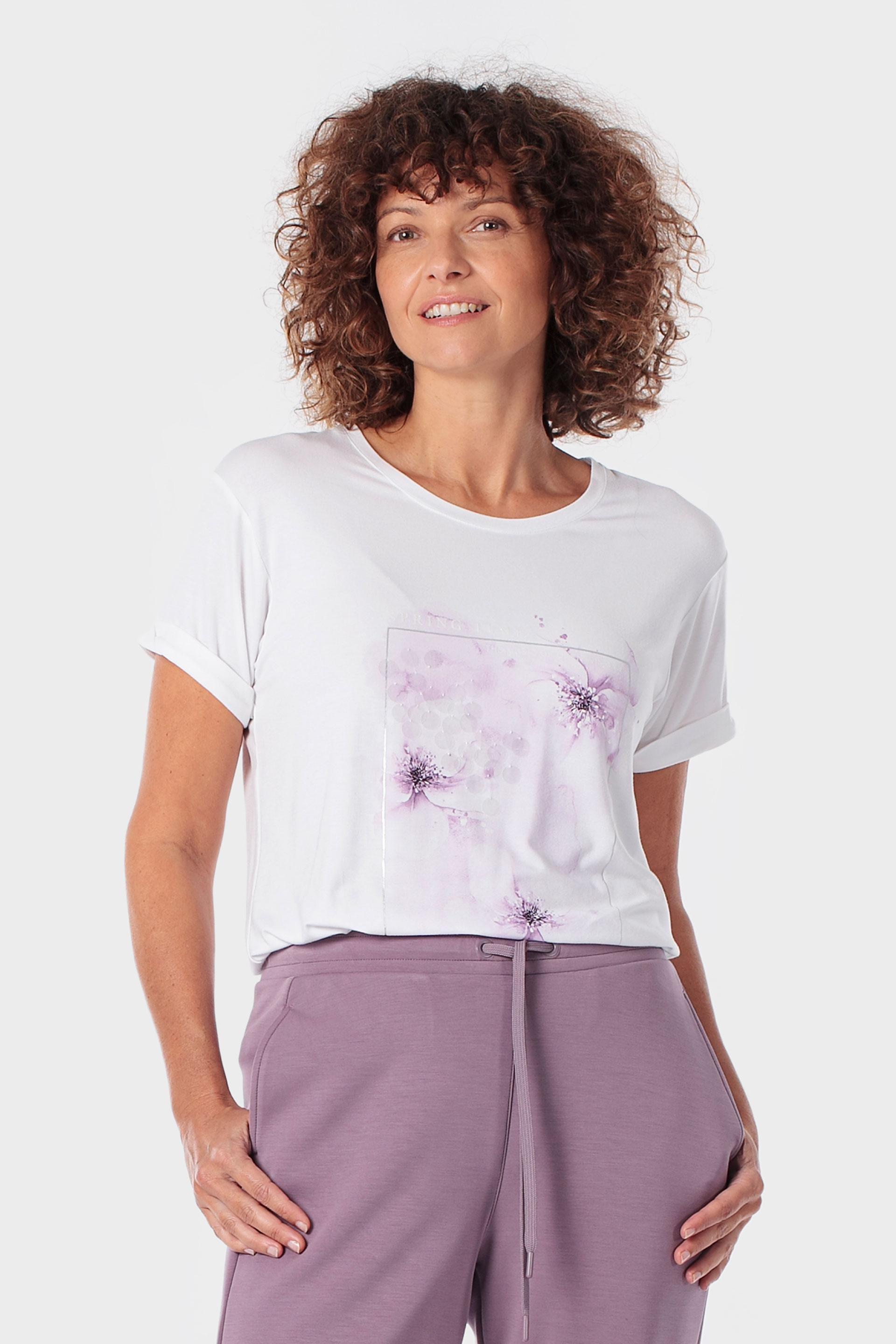 White Floral Print T-Shirt, White, large