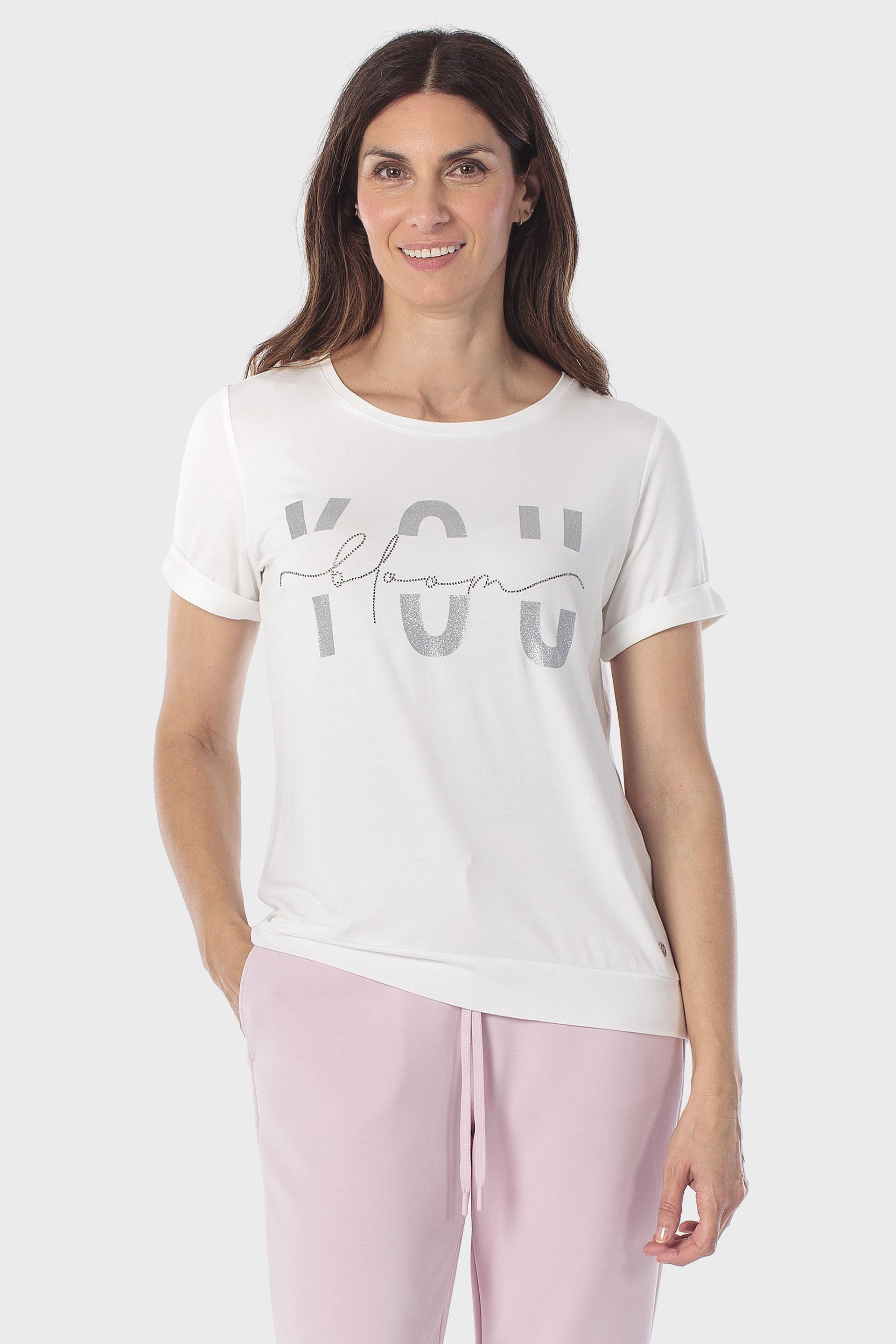 White Printed T-Shirt With Gemstones, Beige Talc, large image number 0