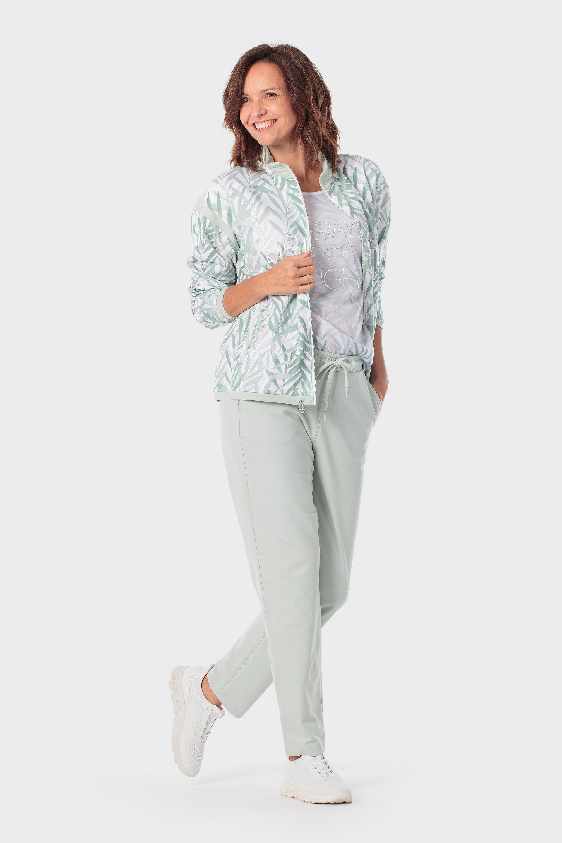 Leaf Print Funnel-Neck Sports Jacket, Green Aquamarine, medium