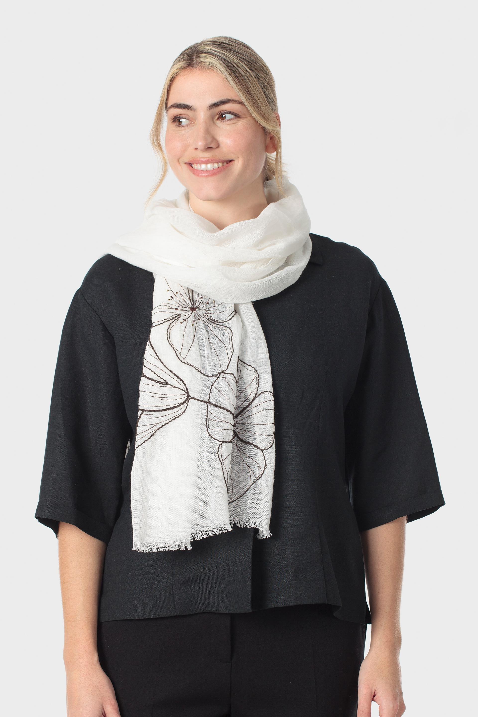 White Embroidered Flowers Scarf, 3701_121, large image number 0