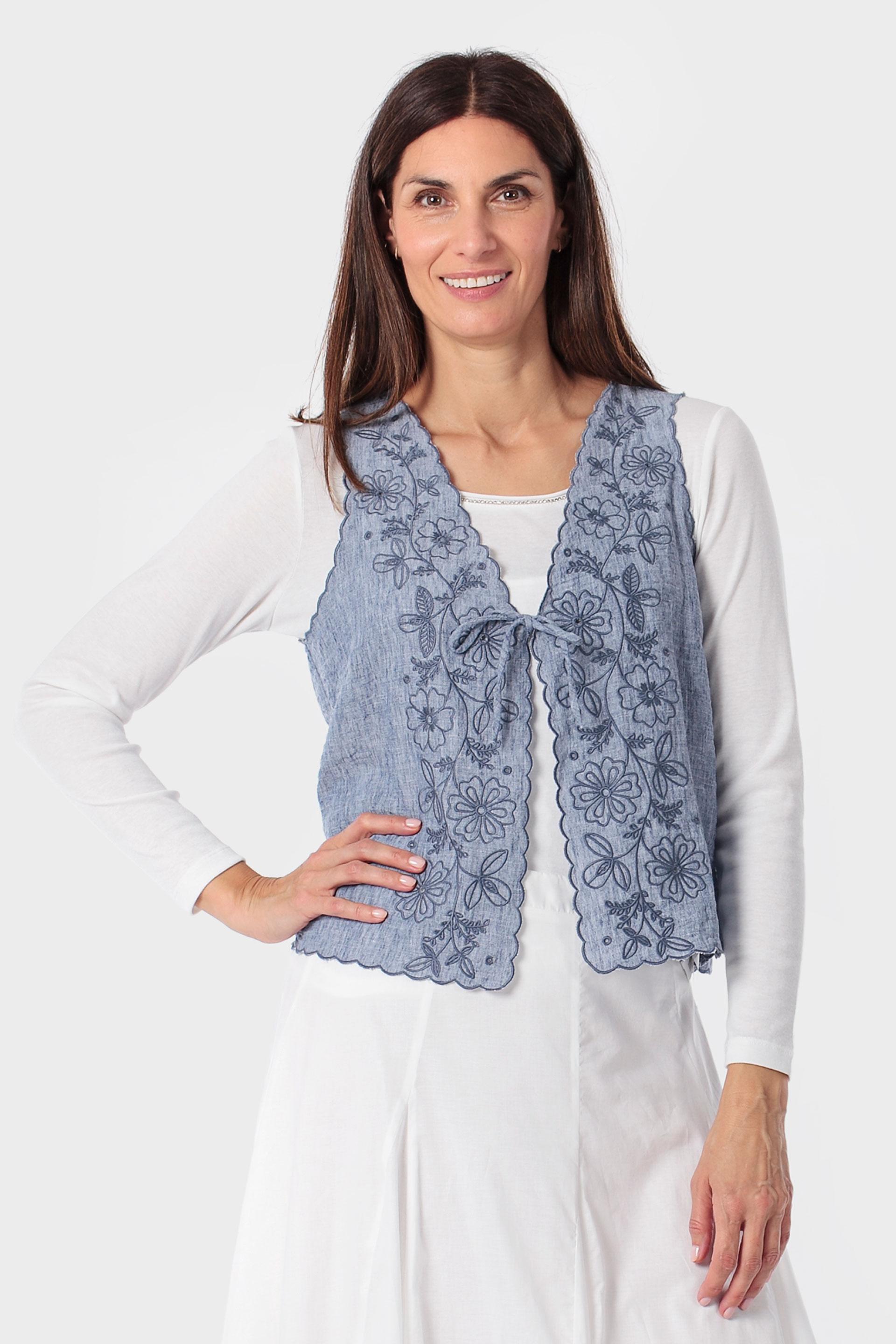 Embroidered Waistcoat, Blue Denim, large image number 0