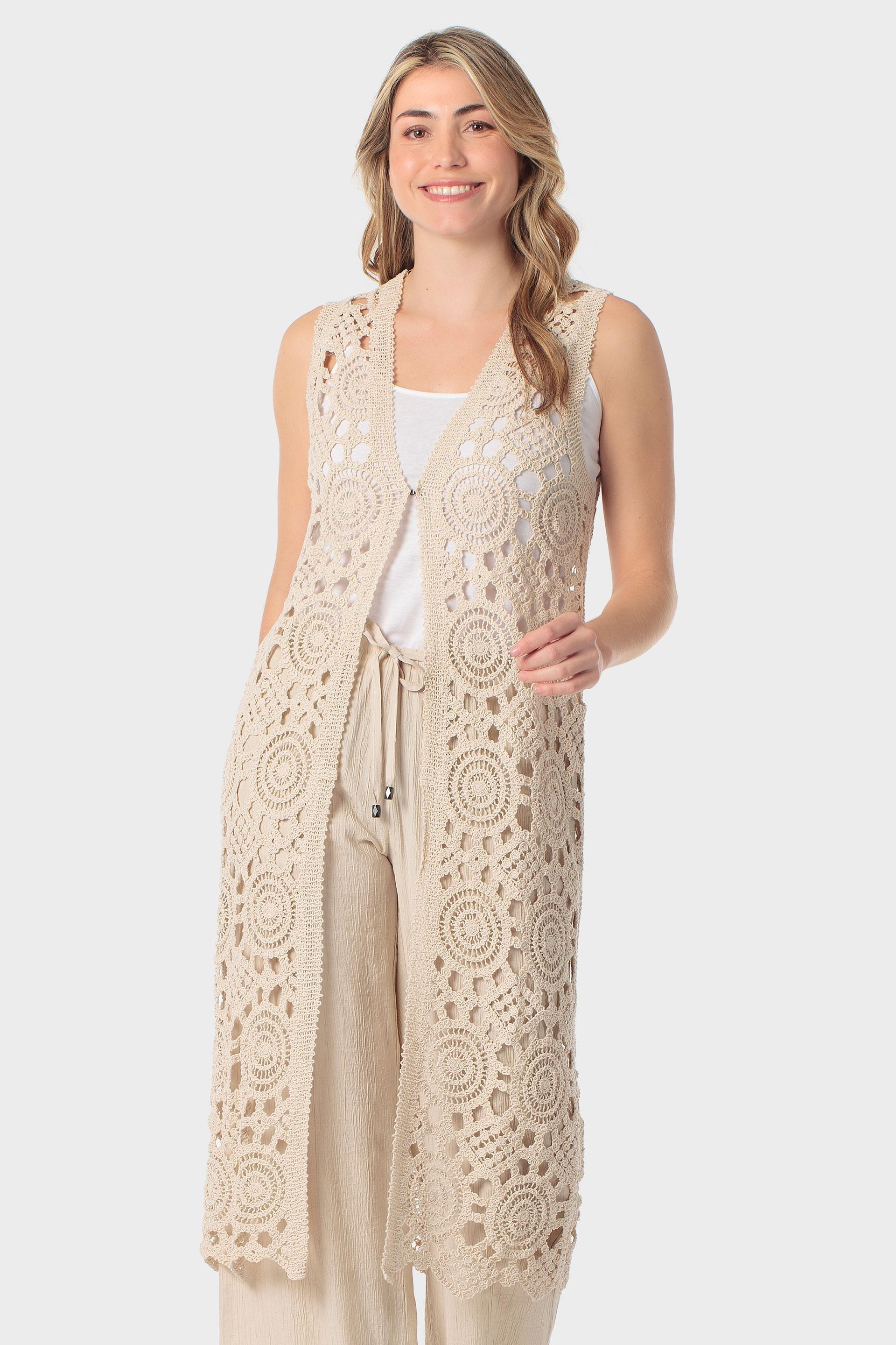 Crochet Open-Front Longline Waistcoat Beige, Beige, large image number 1