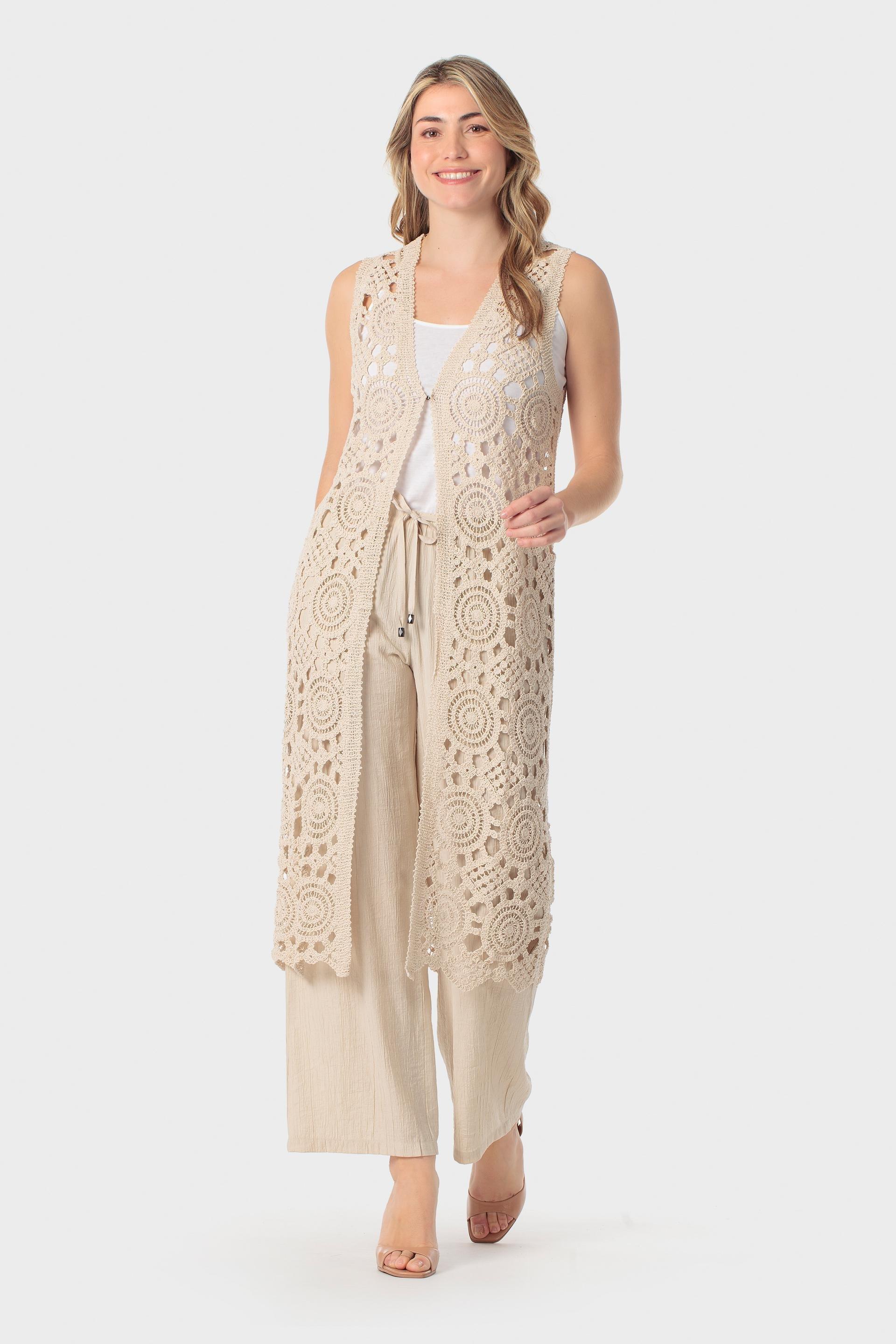 Crochet Open-Front Longline Waistcoat Beige, Beige, large image number 2