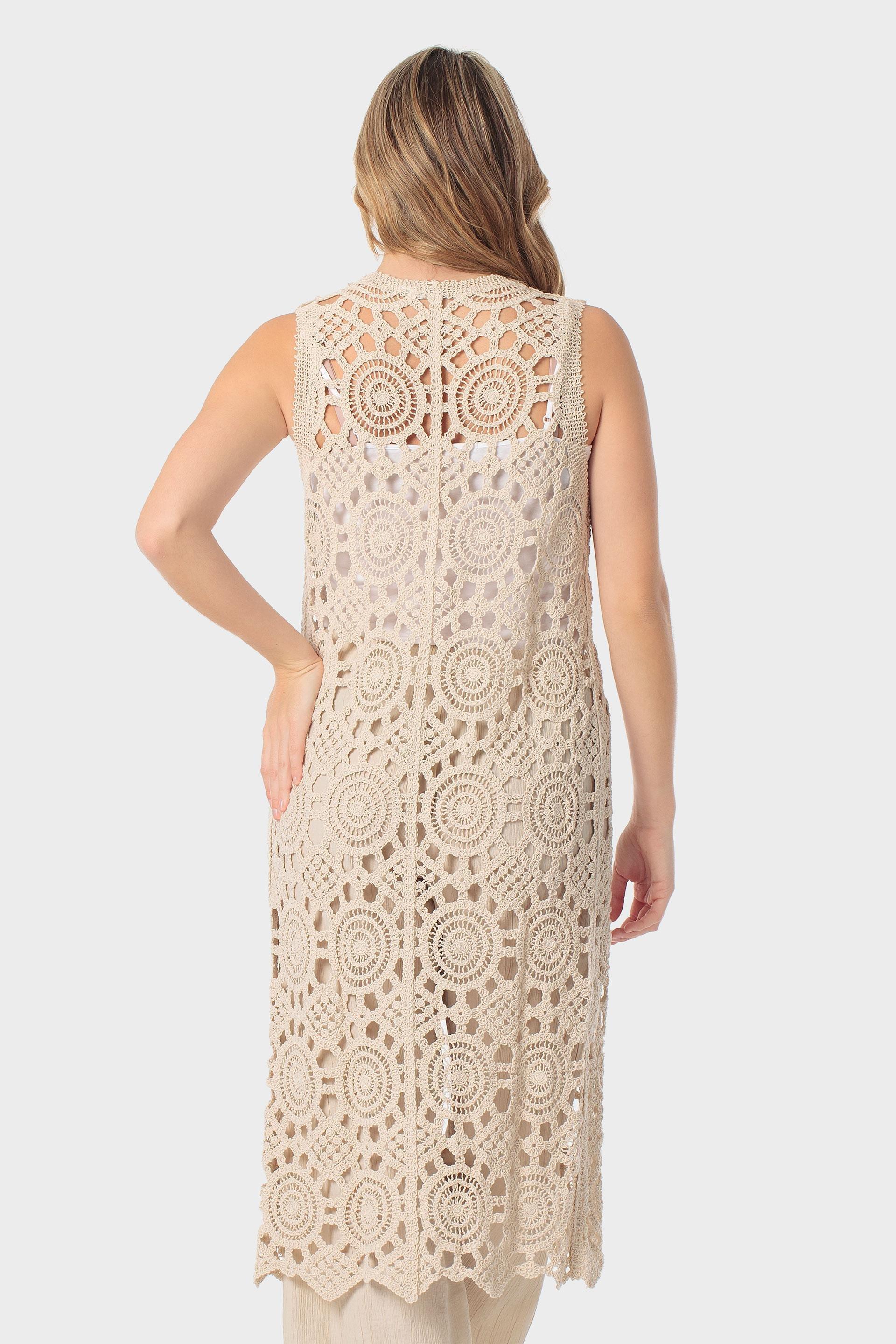 Crochet Open-Front Longline Waistcoat Beige, Beige, large image number 3