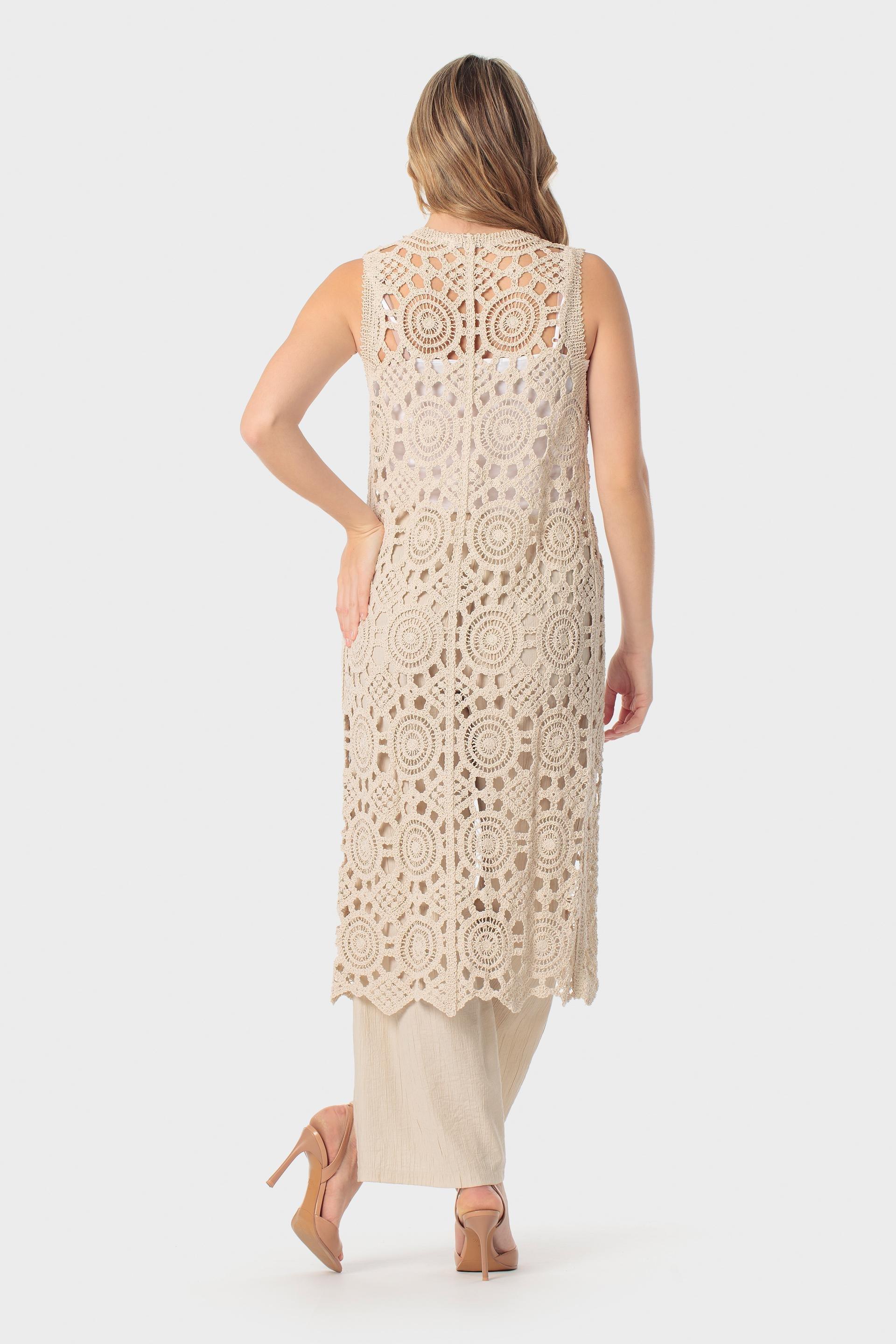 Crochet Open-Front Longline Waistcoat Beige, Beige, large image number 4
