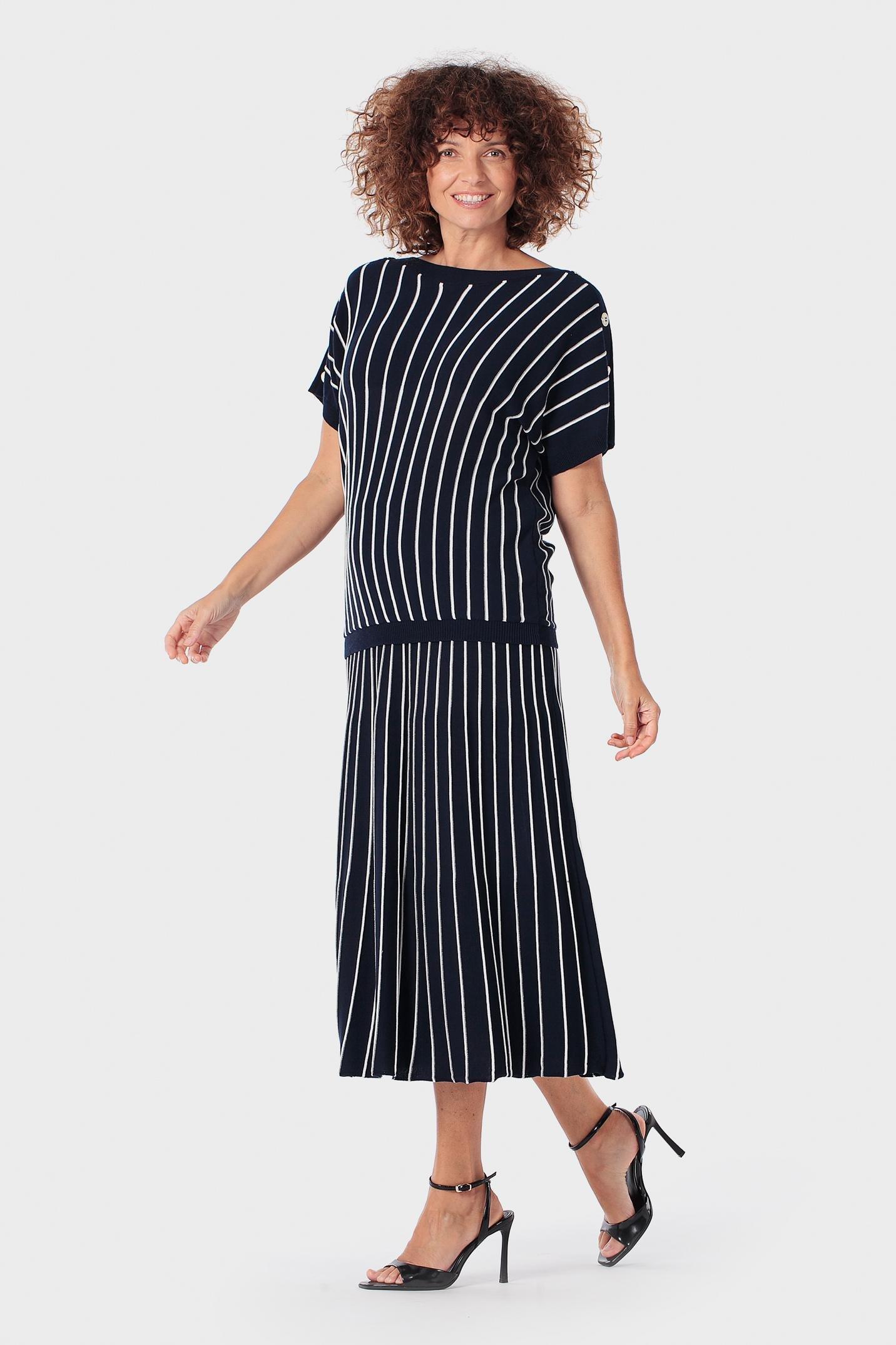 Striped Knit Midi Skirt with Elasticated Waist Blue, Blue Navy, large image number 0