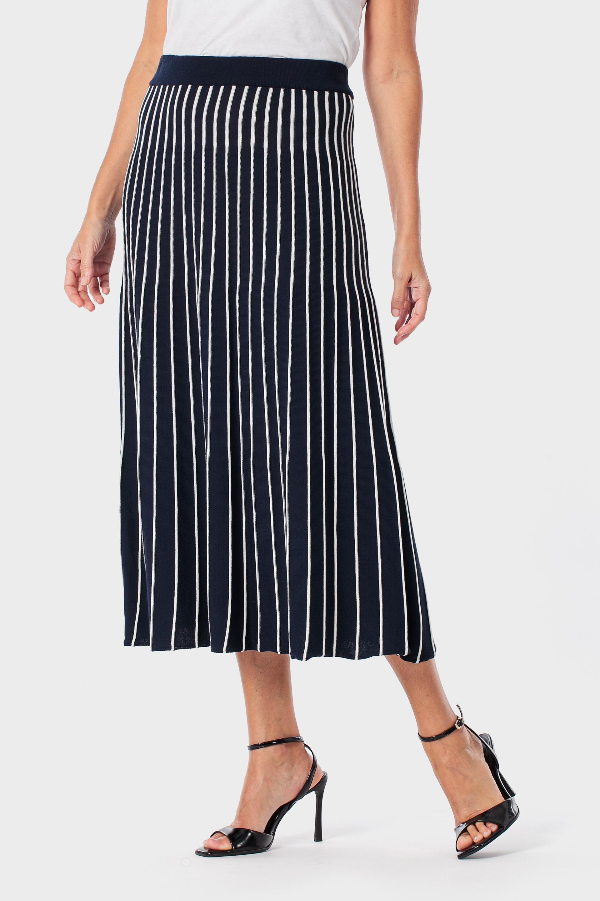 Striped Knit Midi Skirt with Elasticated Waist, Blue Navy, medium