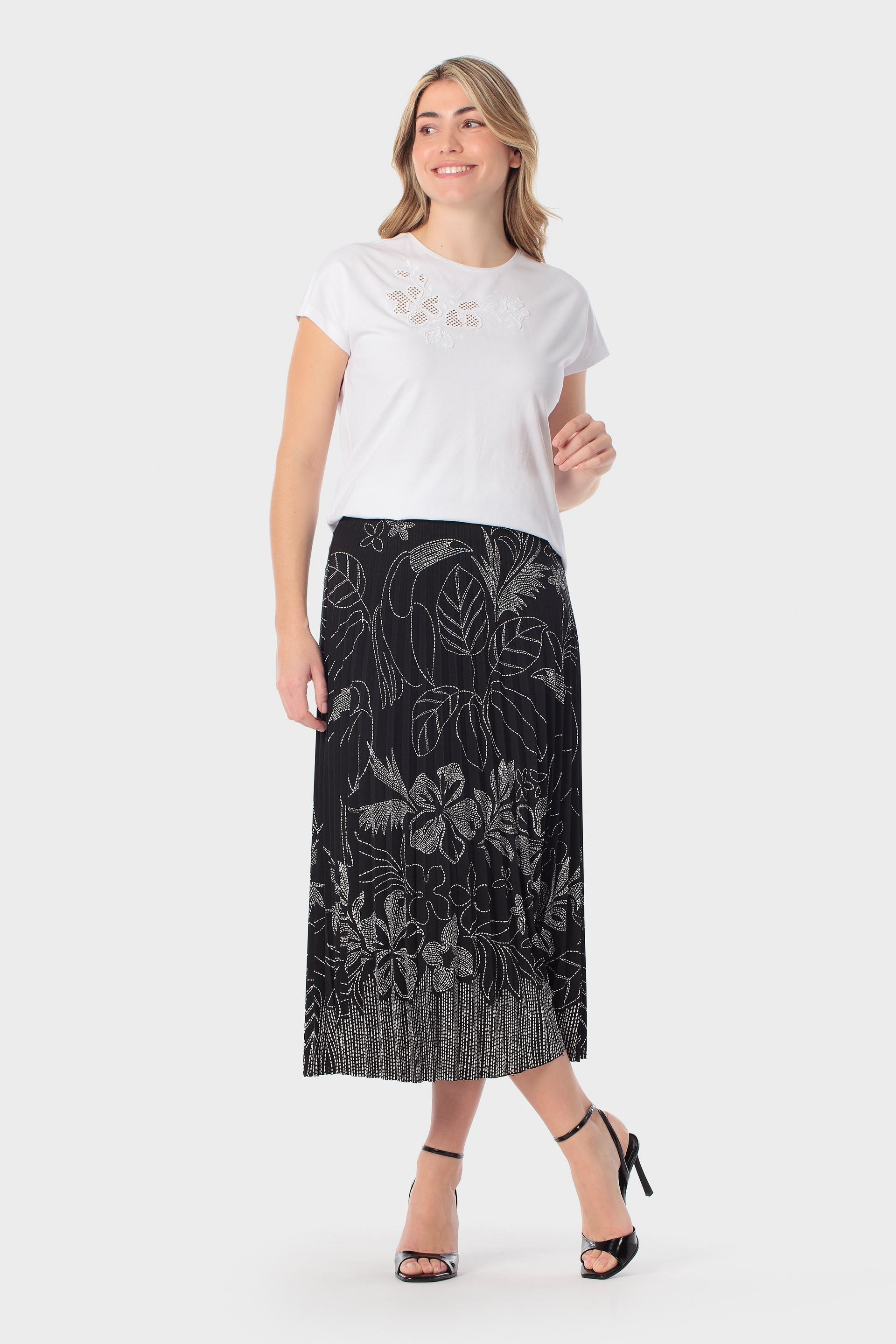 Pleated Midi Skirt Tropical Print Black, Black, large image number 0
