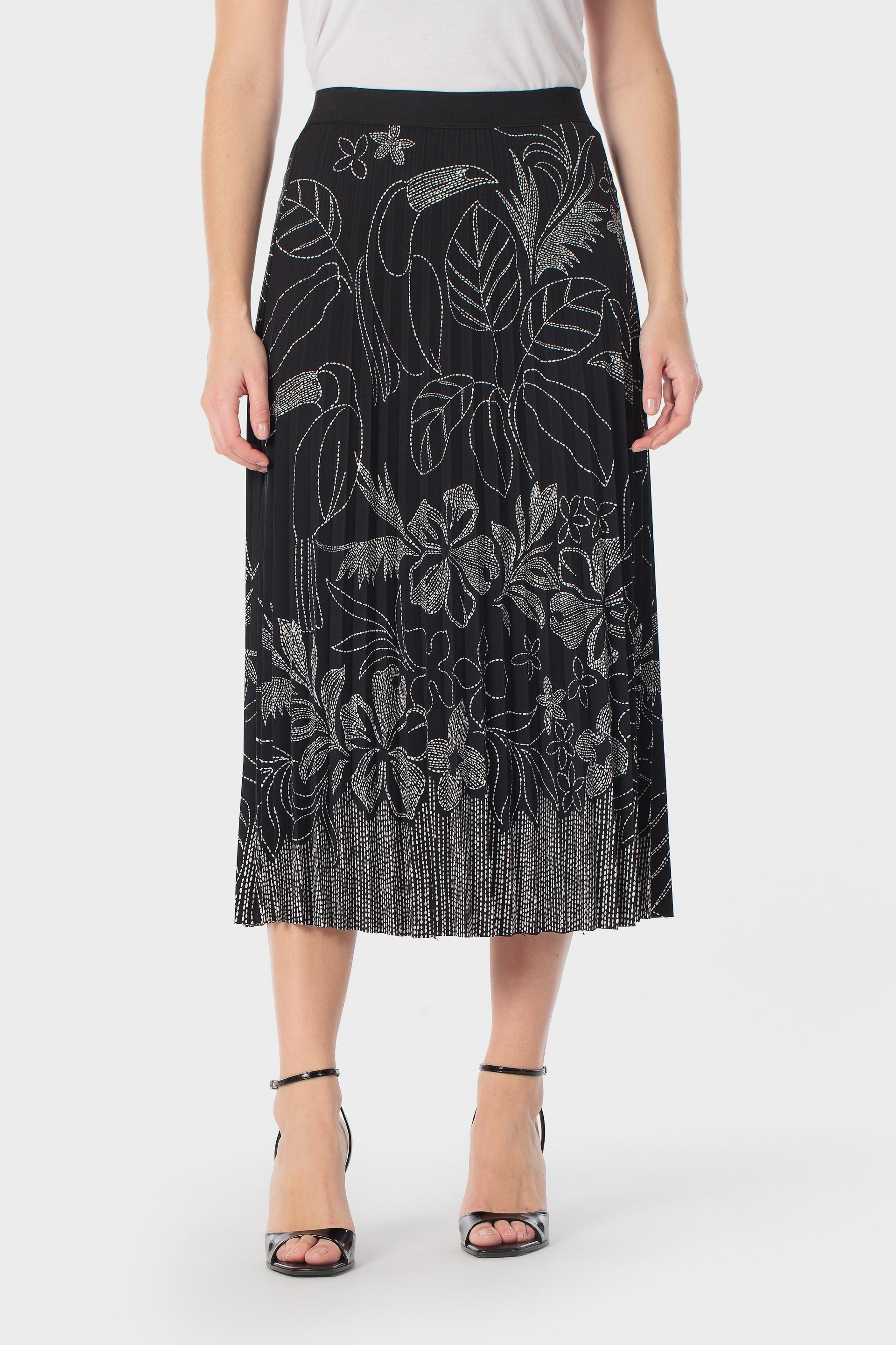 Pleated Midi Skirt Tropical Print Black, Black, large image number 2