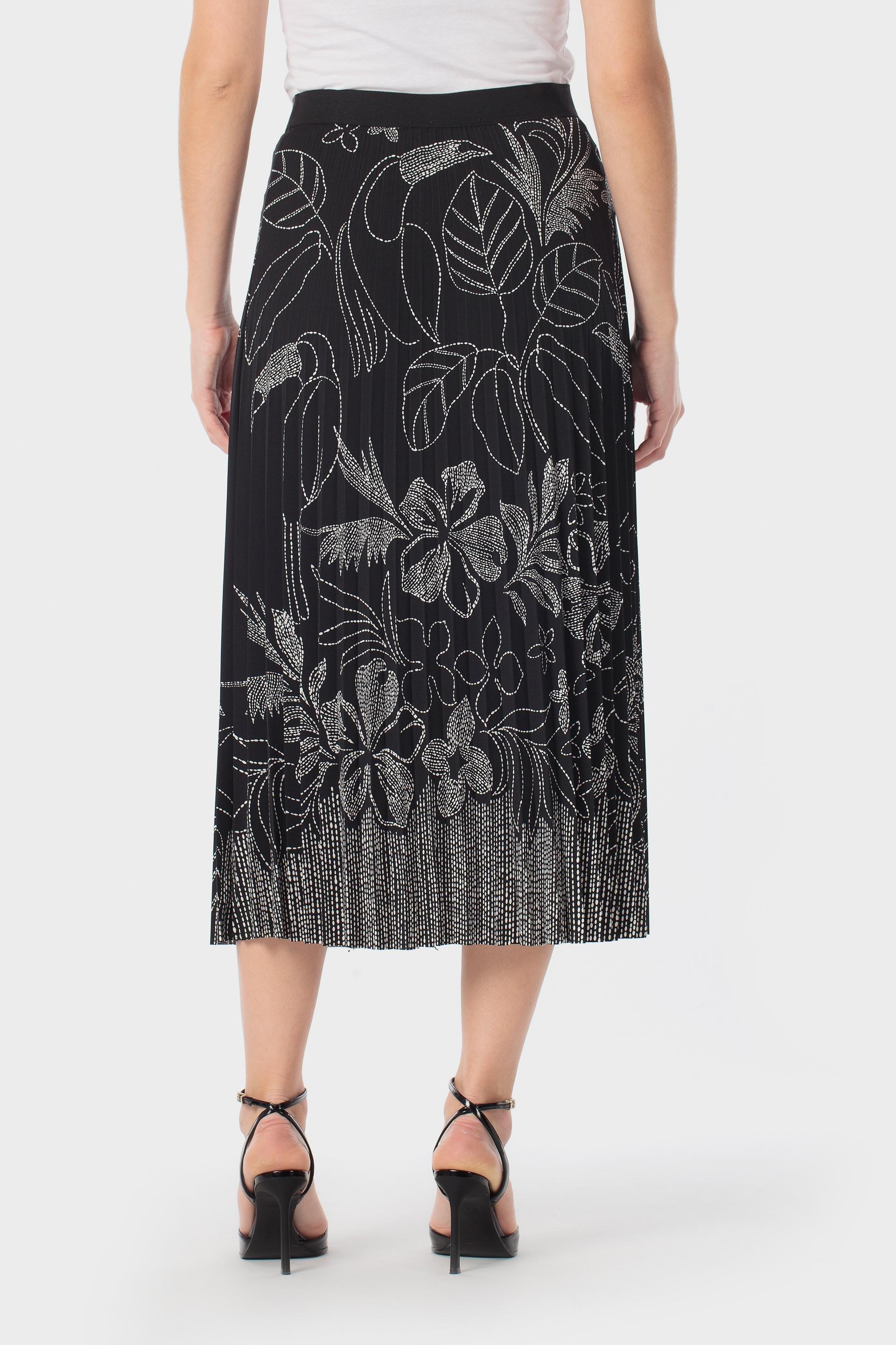 Pleated Midi Skirt Tropical Print Black, Black, large image number 3