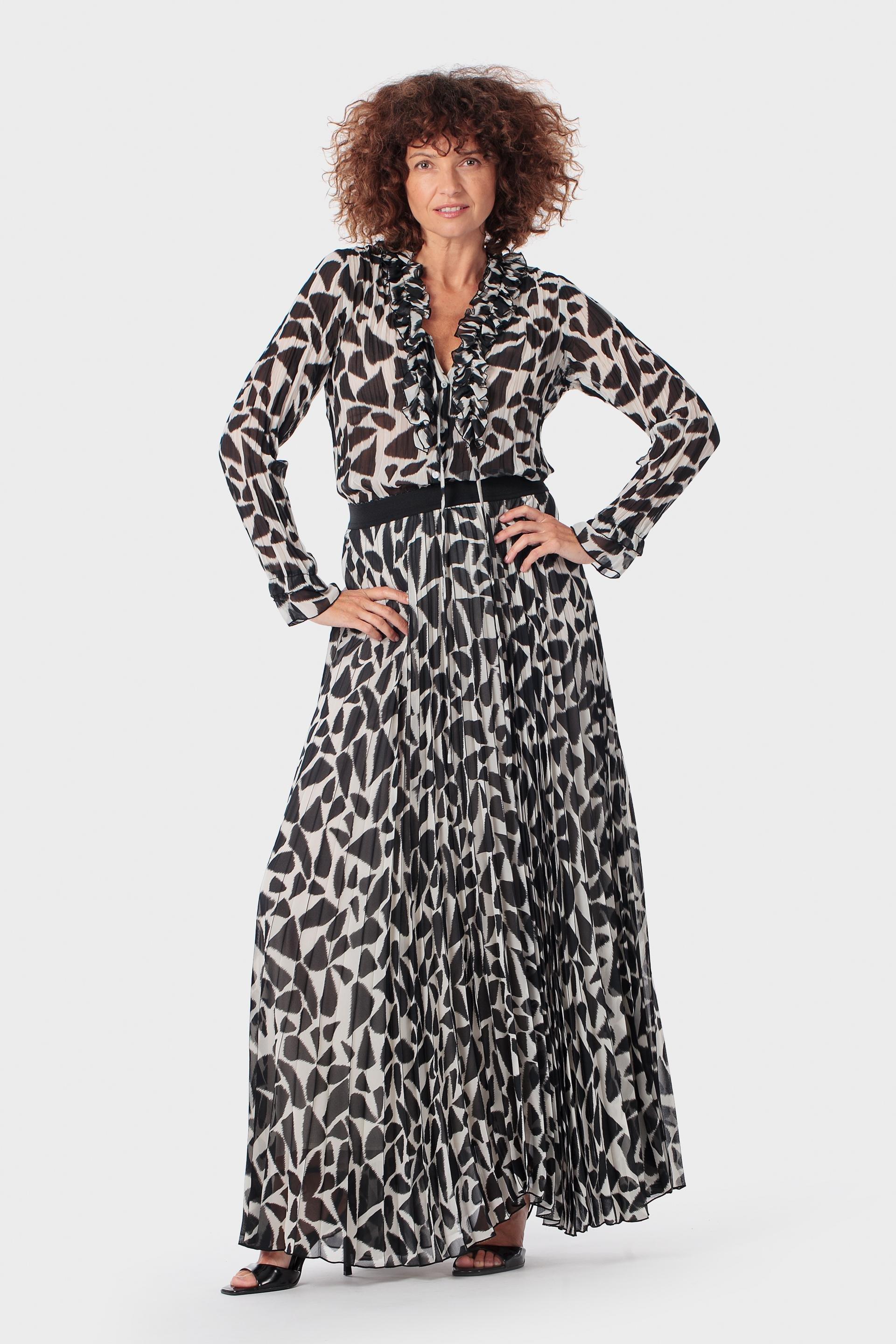 Printed Pleated Maxi Skirt, Black, medium