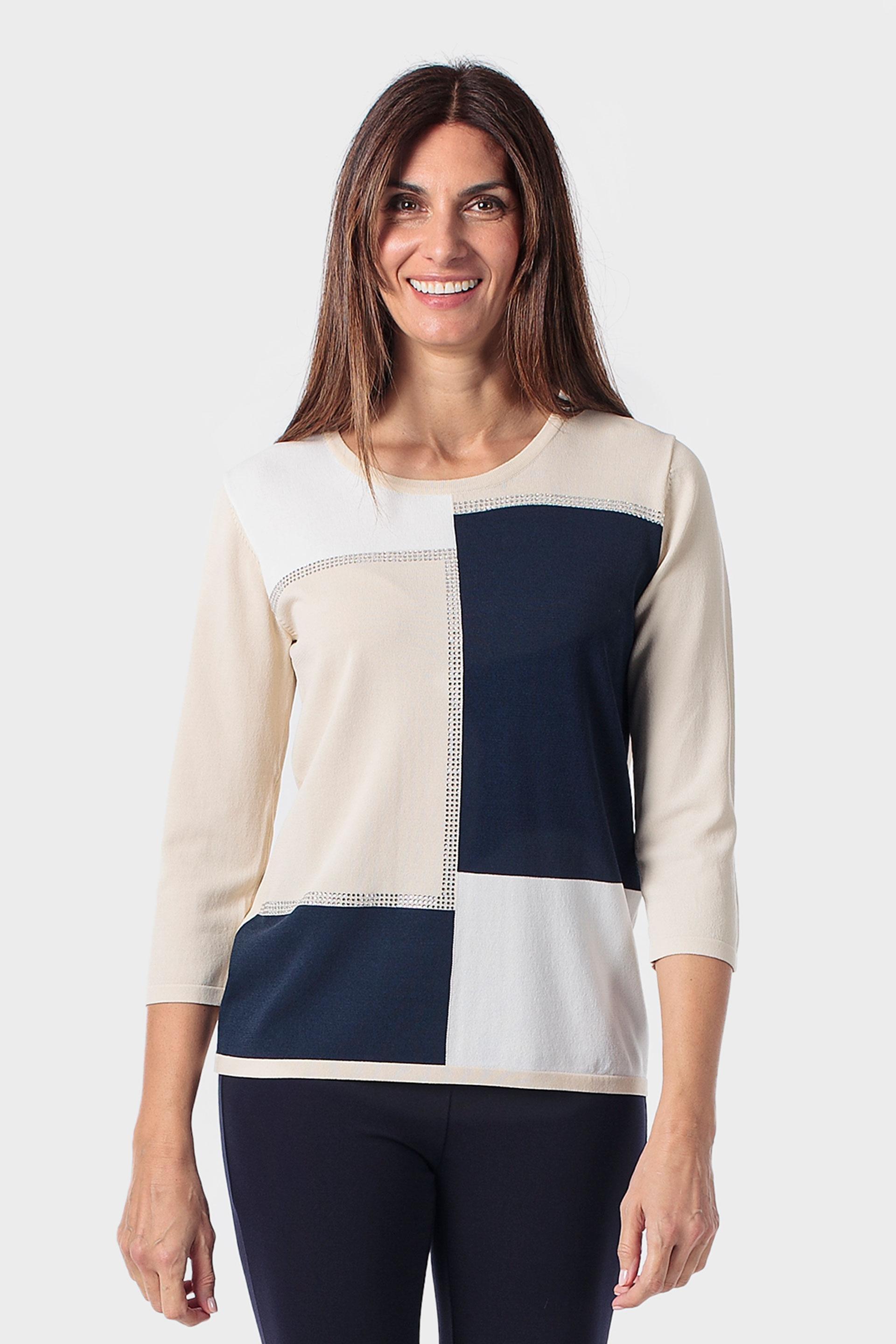 Beige Rhinestone Intarsia Sweater, Beige, large image number 0