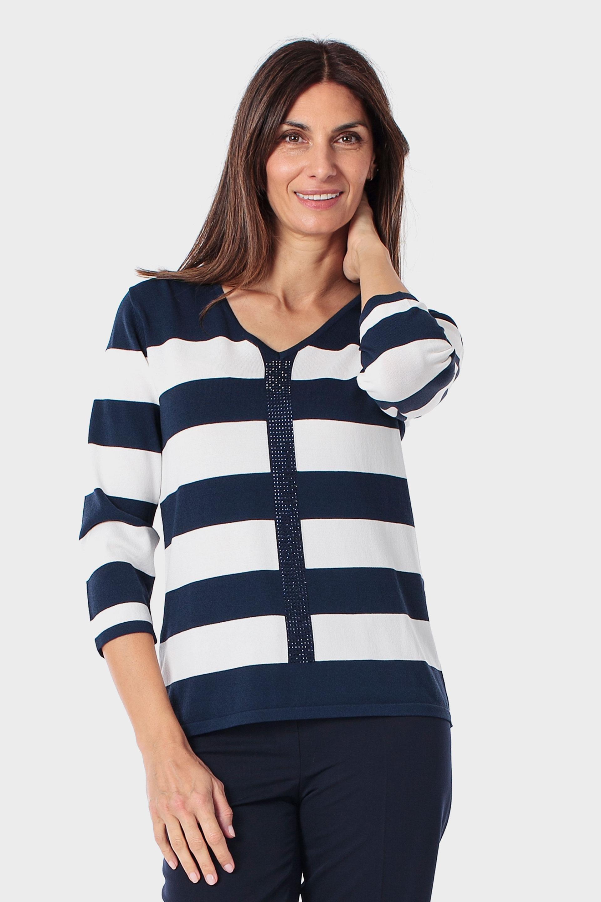 كنزة مخططة مزينة بأحجار بيضاء, Blue Navy, large image number 0