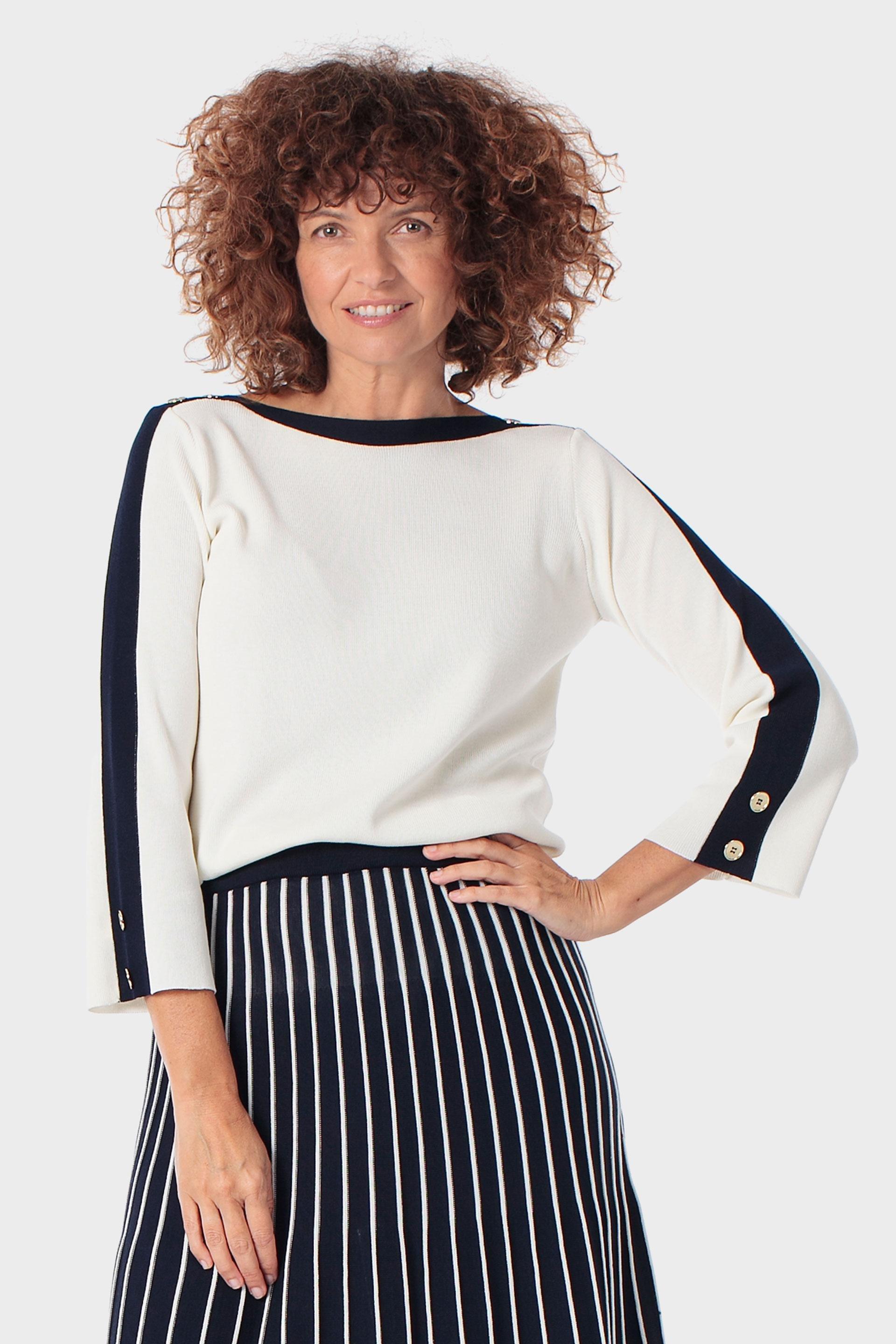 Contrast Trim Knit Top with Button Detail, Beige Talc, medium