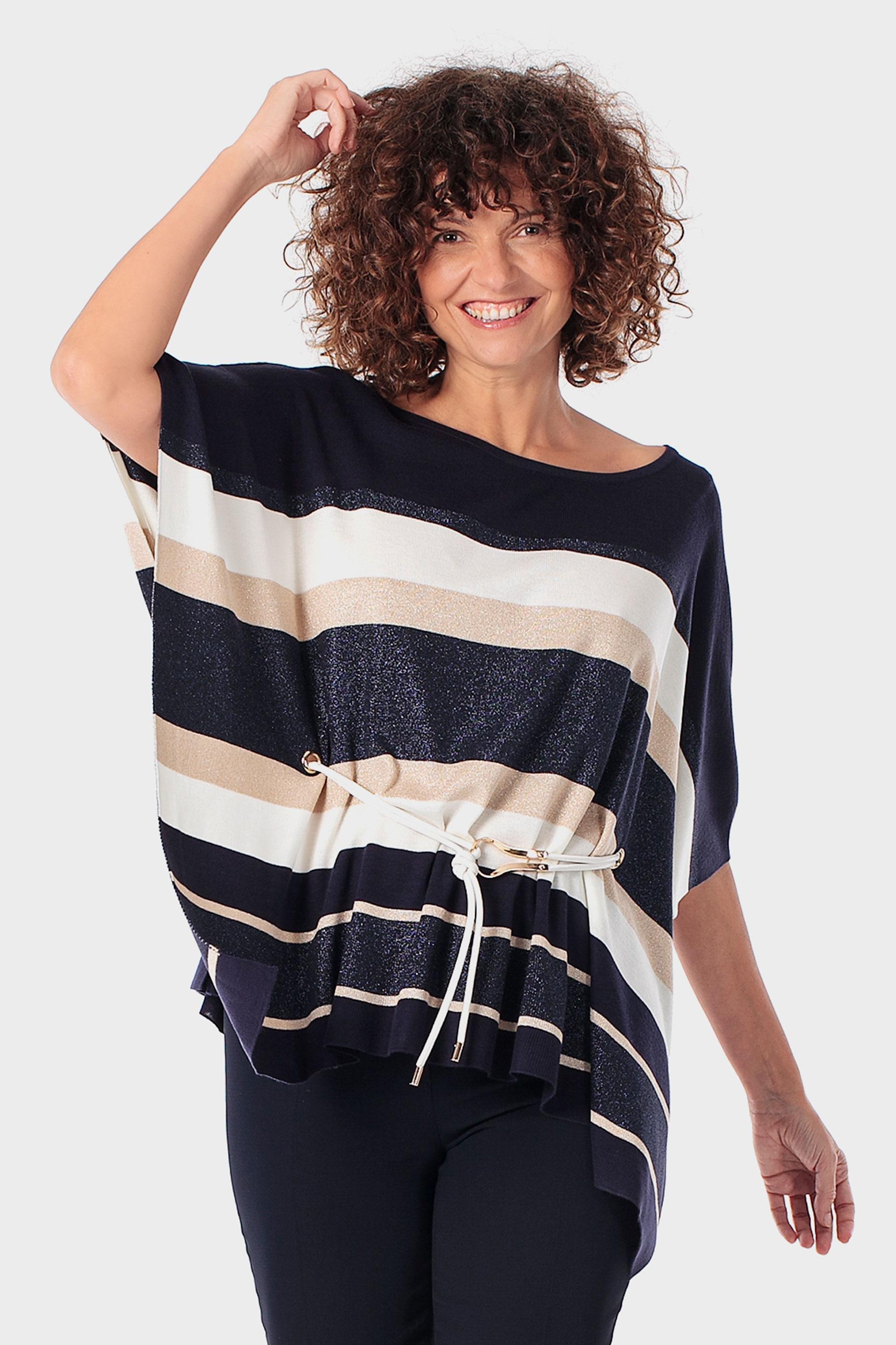 Black Striped Poncho, Blue Navy, large image number 1