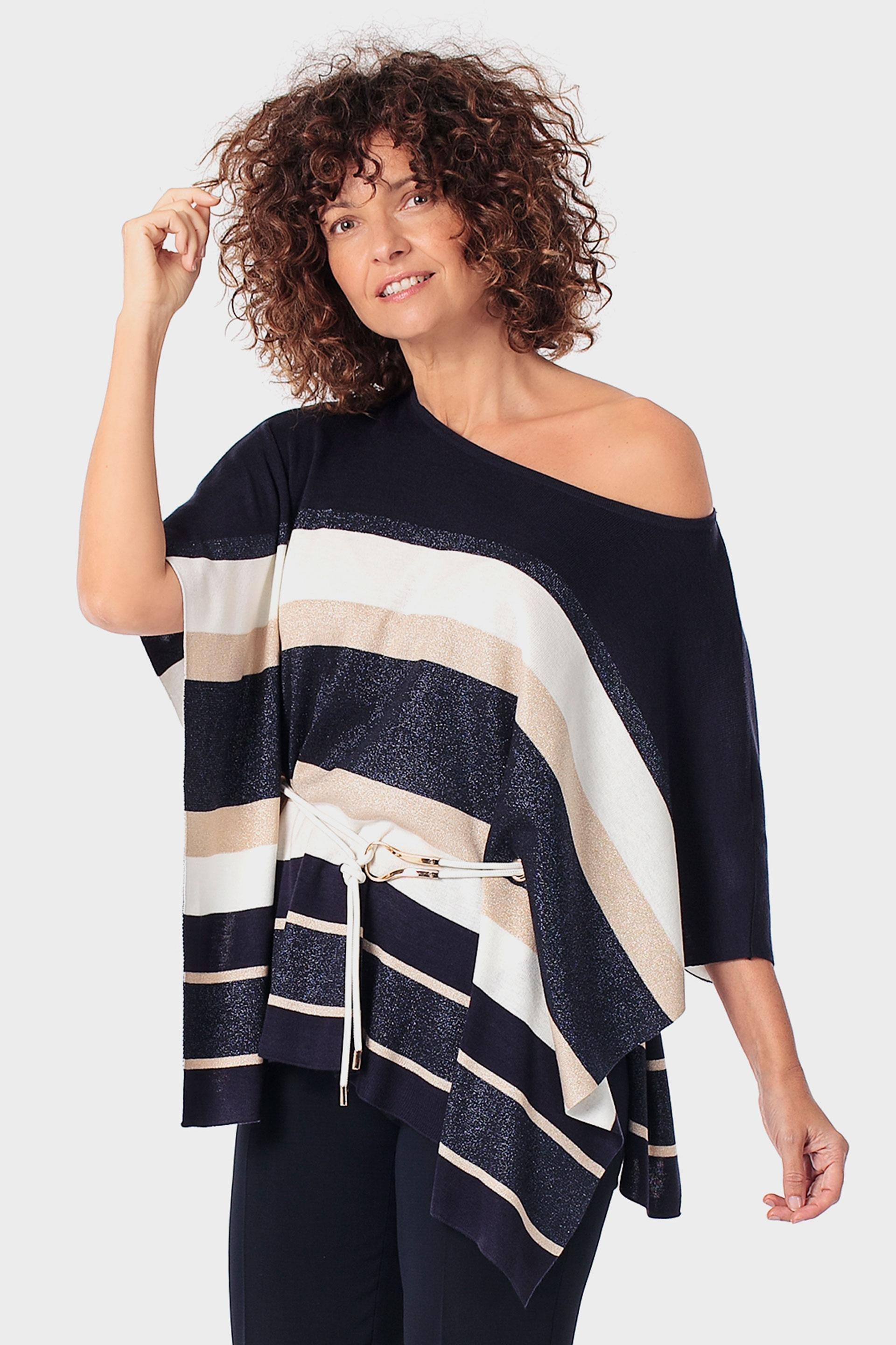 Black Striped Poncho, Blue Navy, large image number 2
