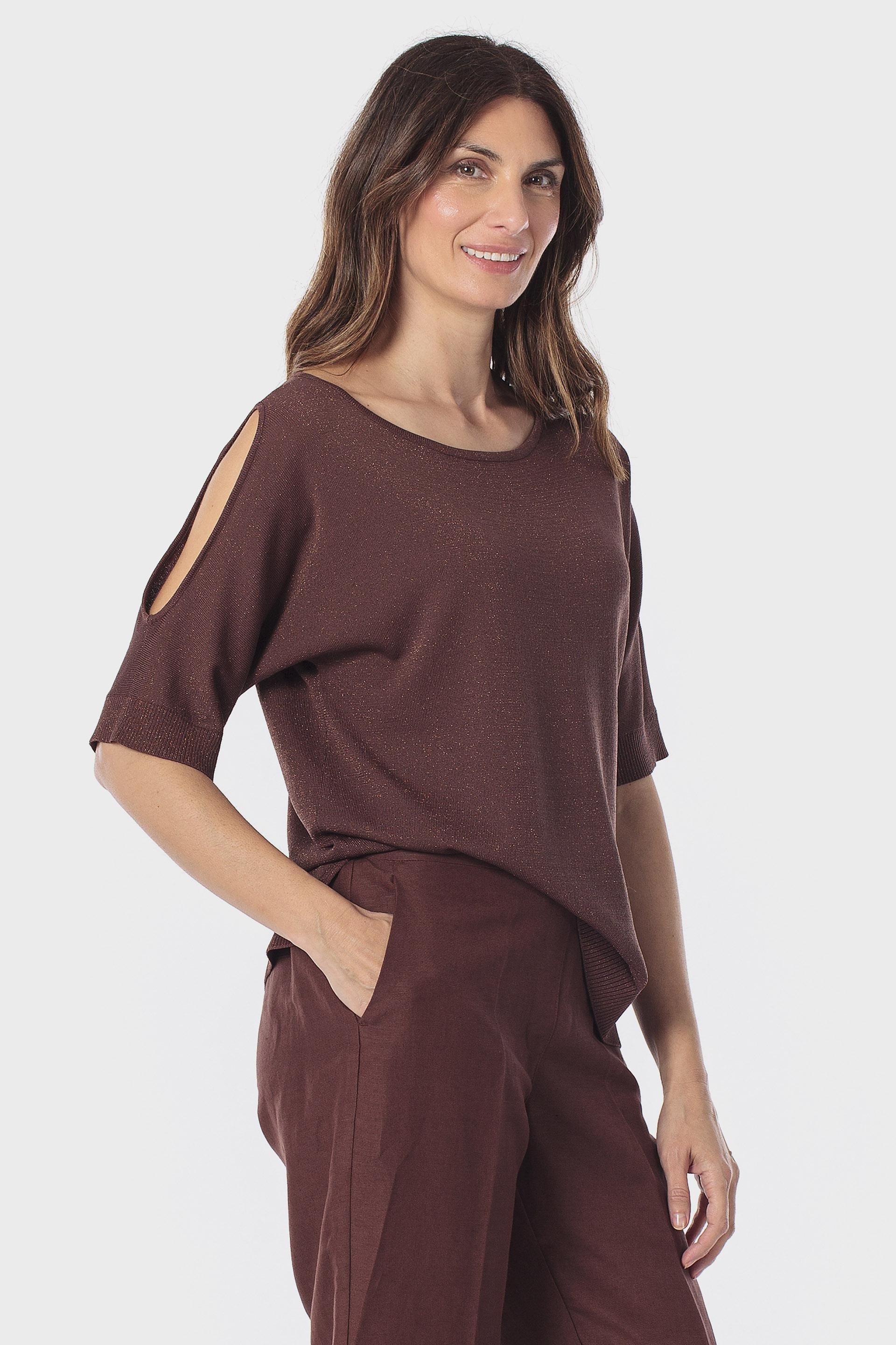 Open-Shoulder Metallic Sweater, Brown, large