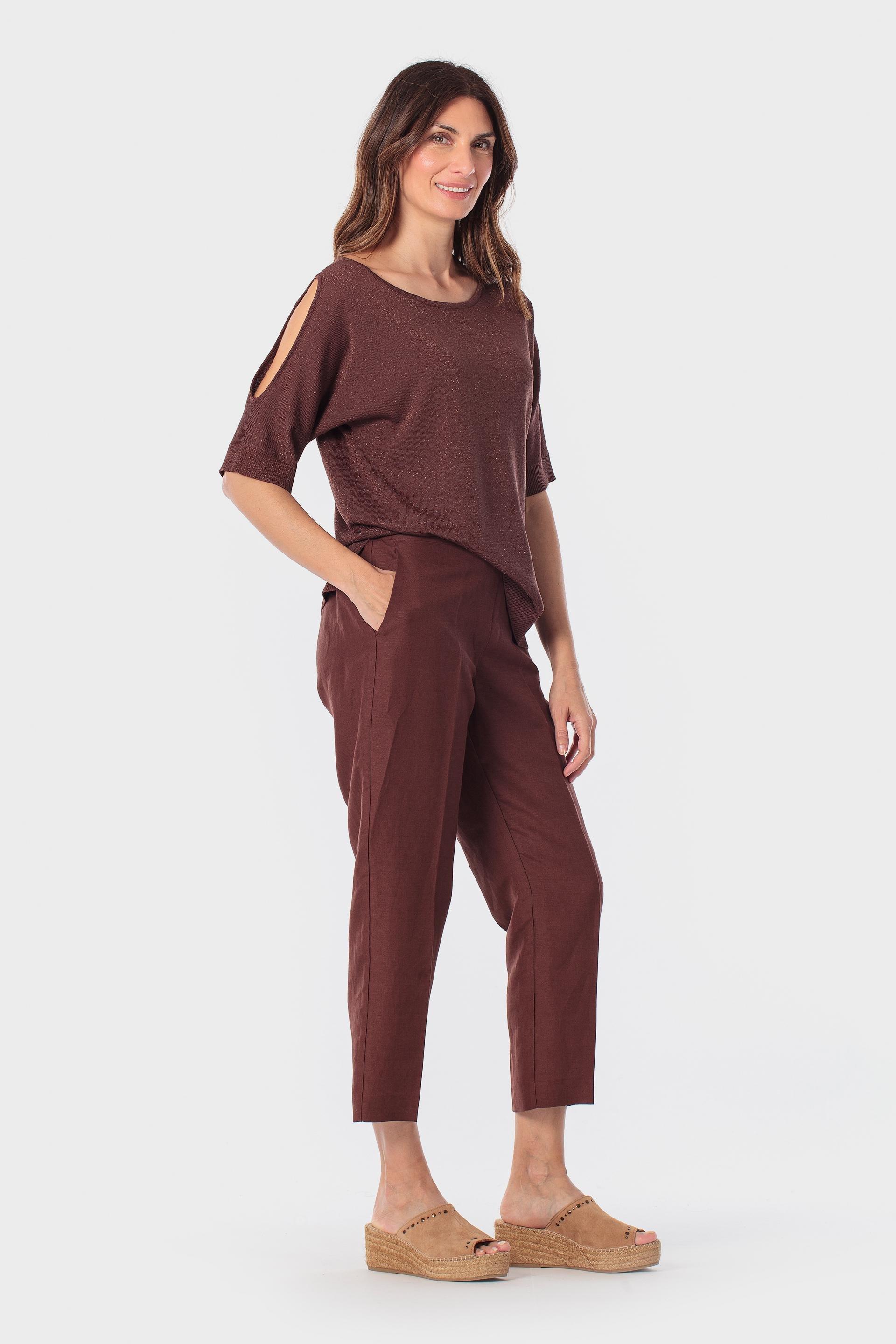 Open-Shoulder Metallic Sweater, Brown, medium