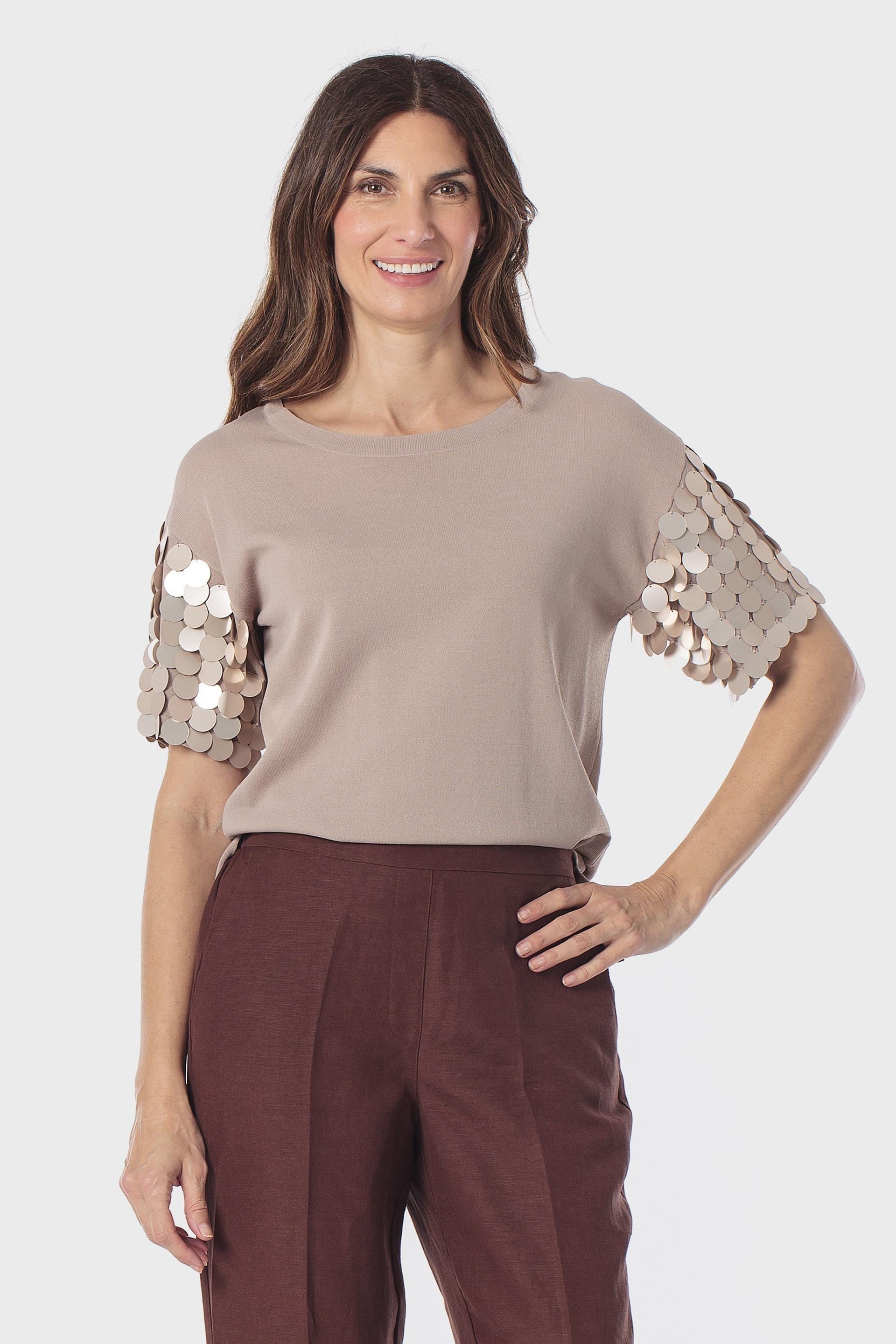 Short-Sleeve Sweater with Side Slits, Beige Toasted, large