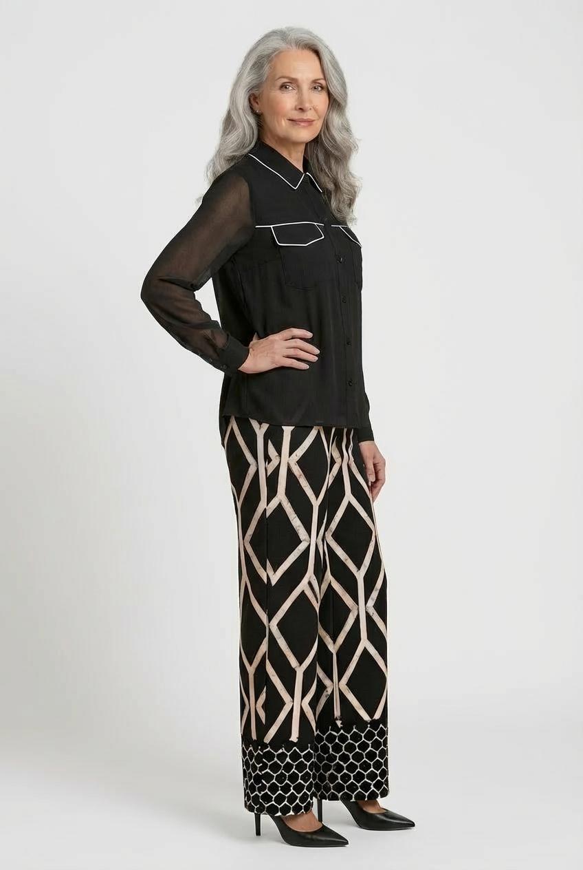 Geometric Print Wide-Leg Trousers Black, Black, large image number 1