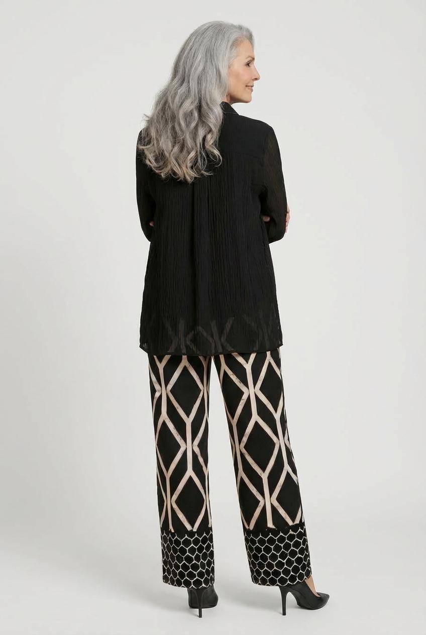 Geometric Print Wide-Leg Trousers Black, Black, large image number 2