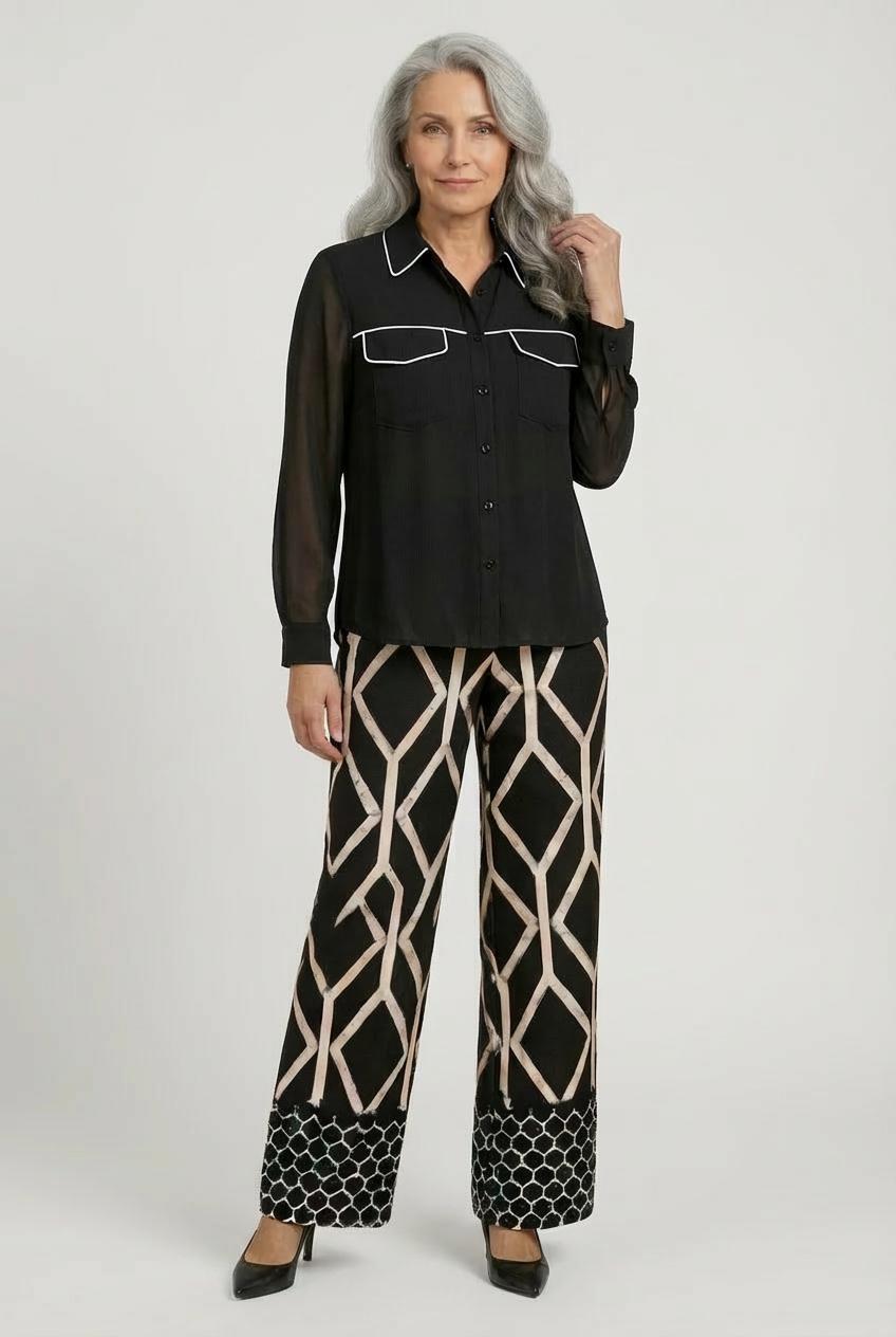 Geometric Print Wide-Leg Trousers Black, Black, large image number 3