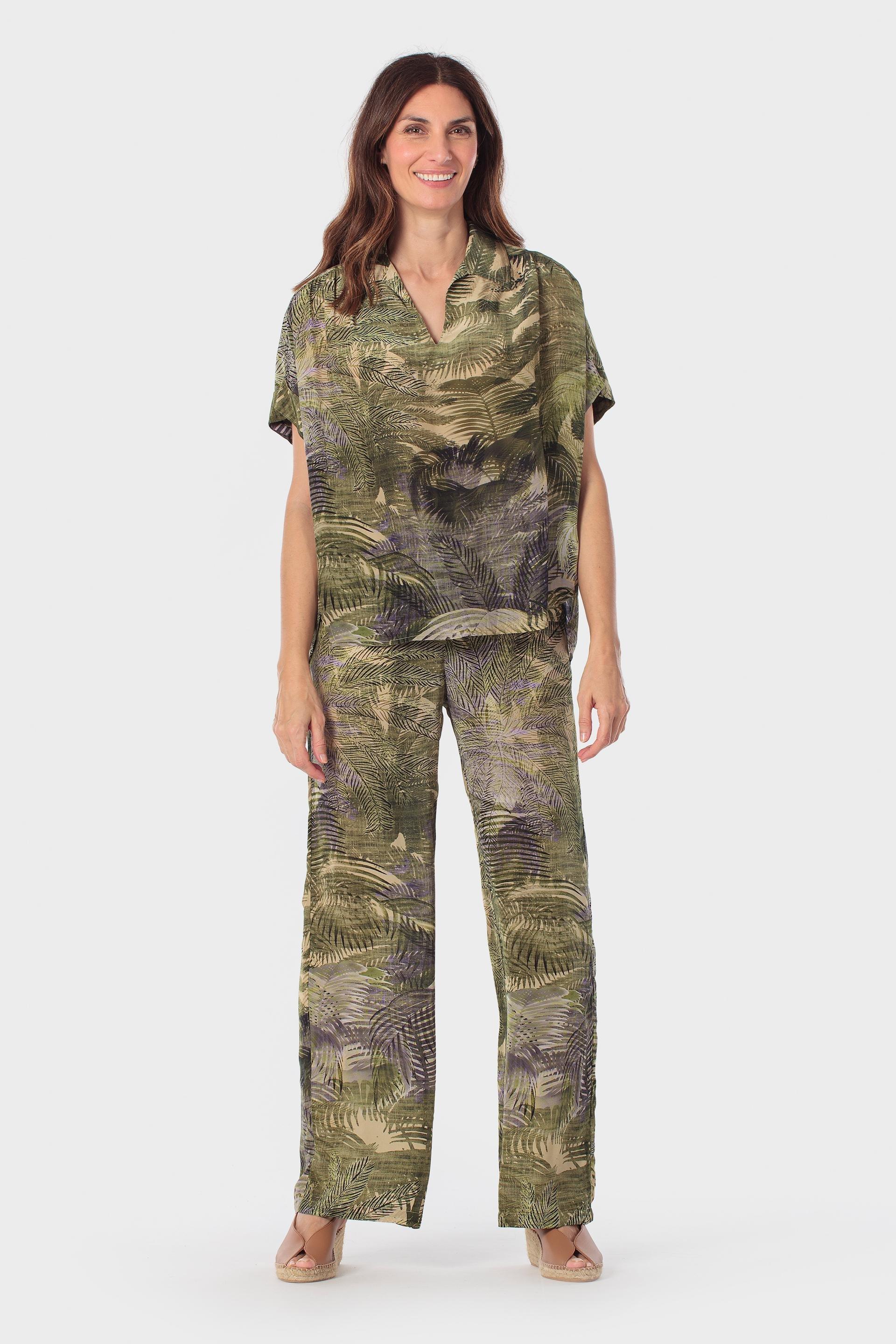 Khaki Tropical Print Trousers, Green Khaki, medium