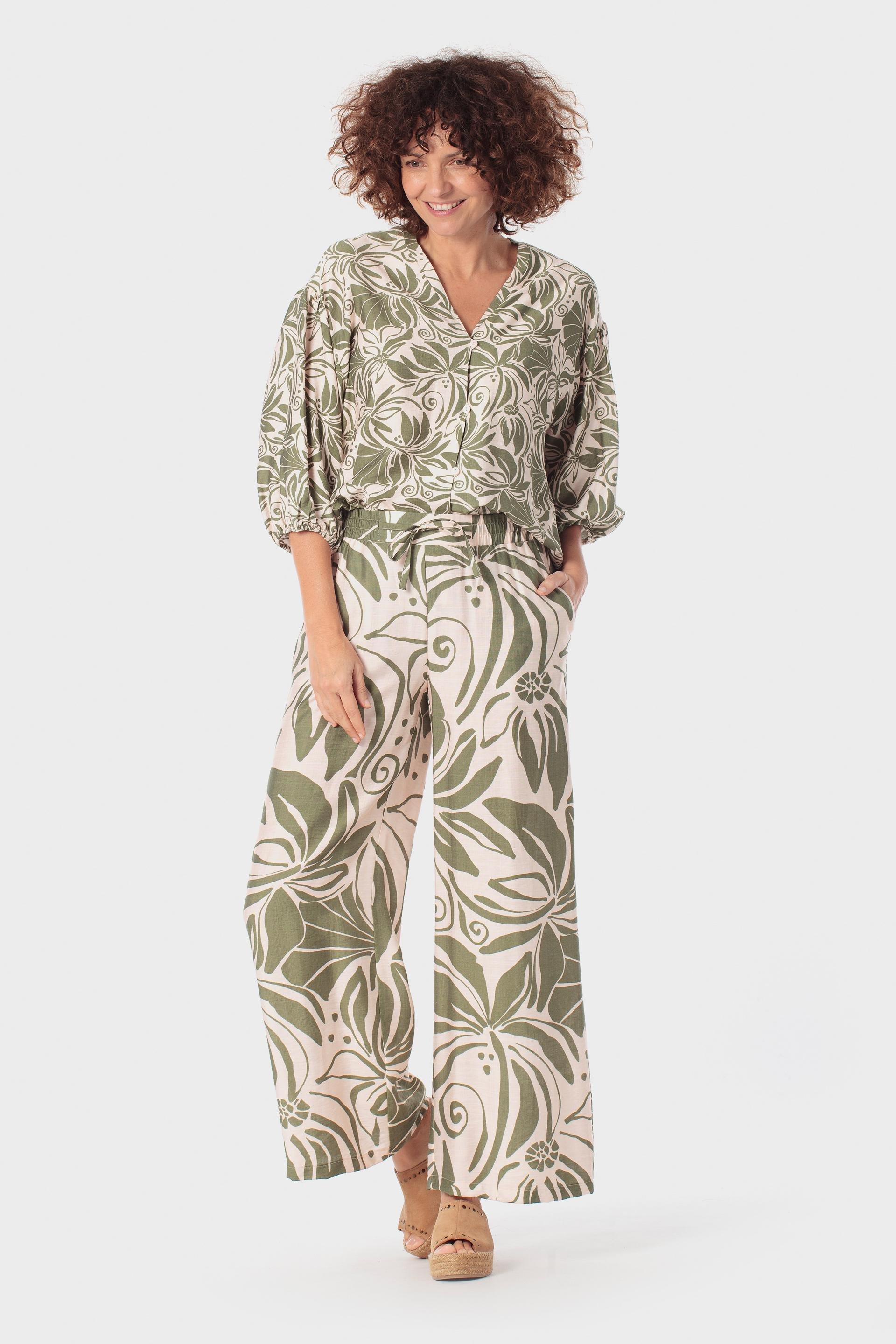 Botanical Print Wide-Leg Trousers Green, Green Khaki, medium