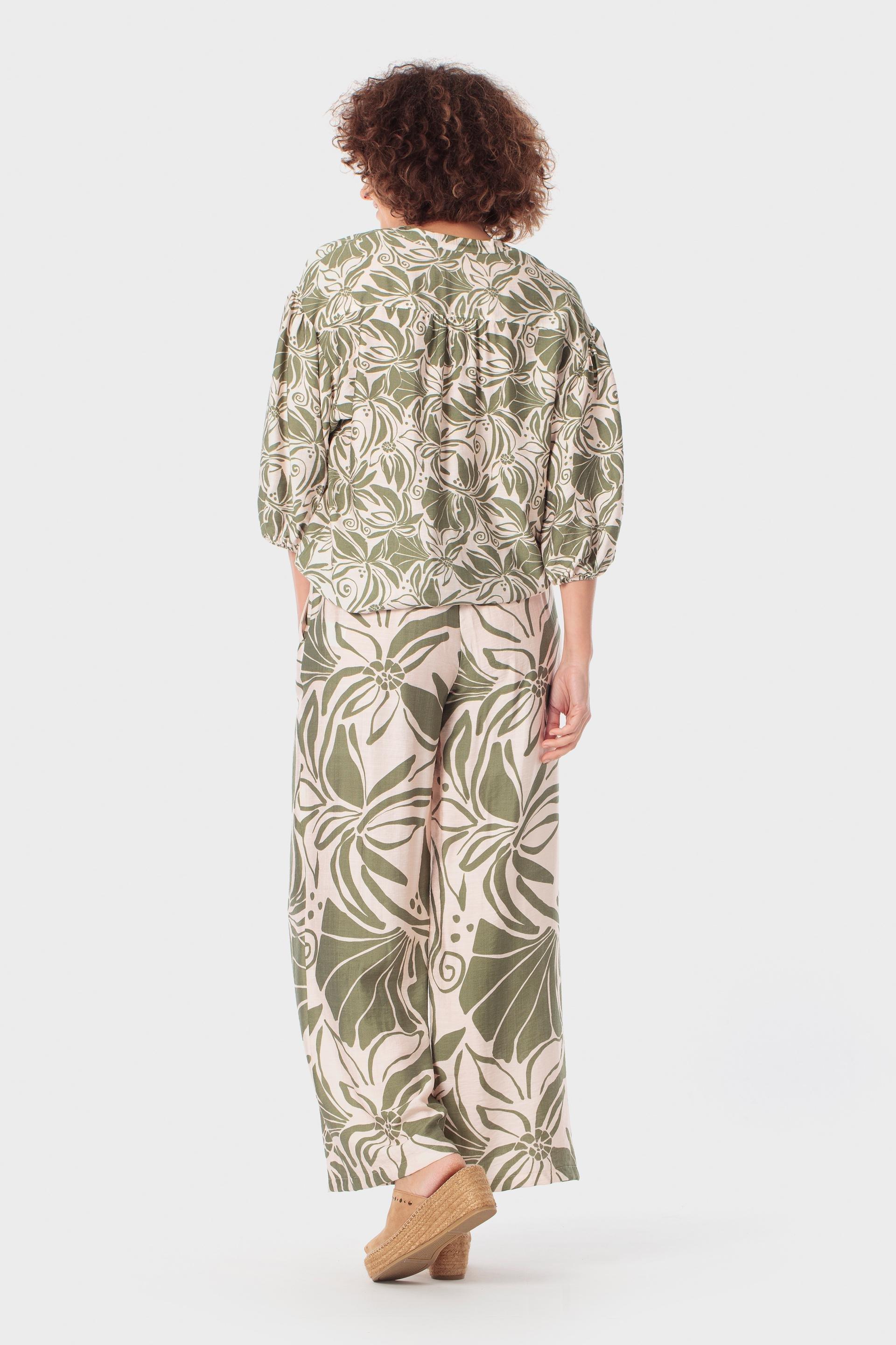Botanical Print Wide-Leg Trousers Green, Green Khaki, medium