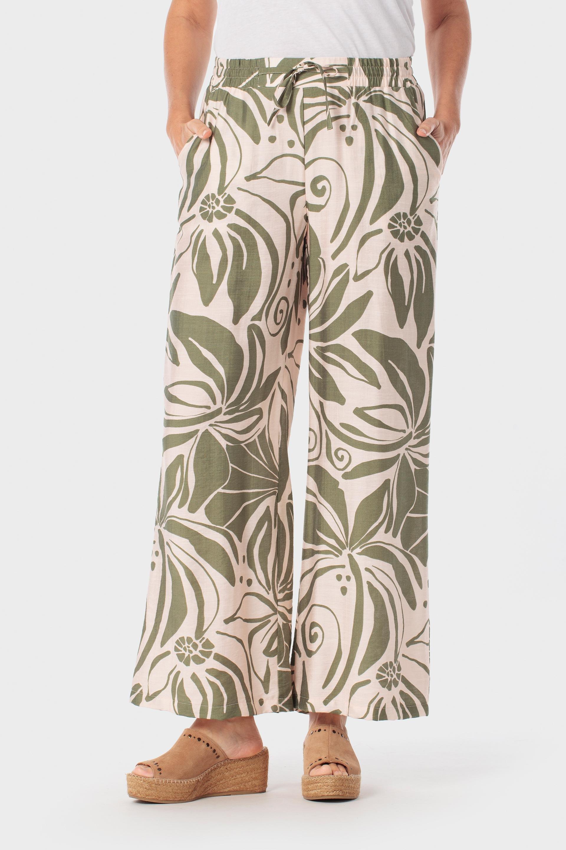 Botanical Print Wide-Leg Trousers Green, Green Khaki, medium