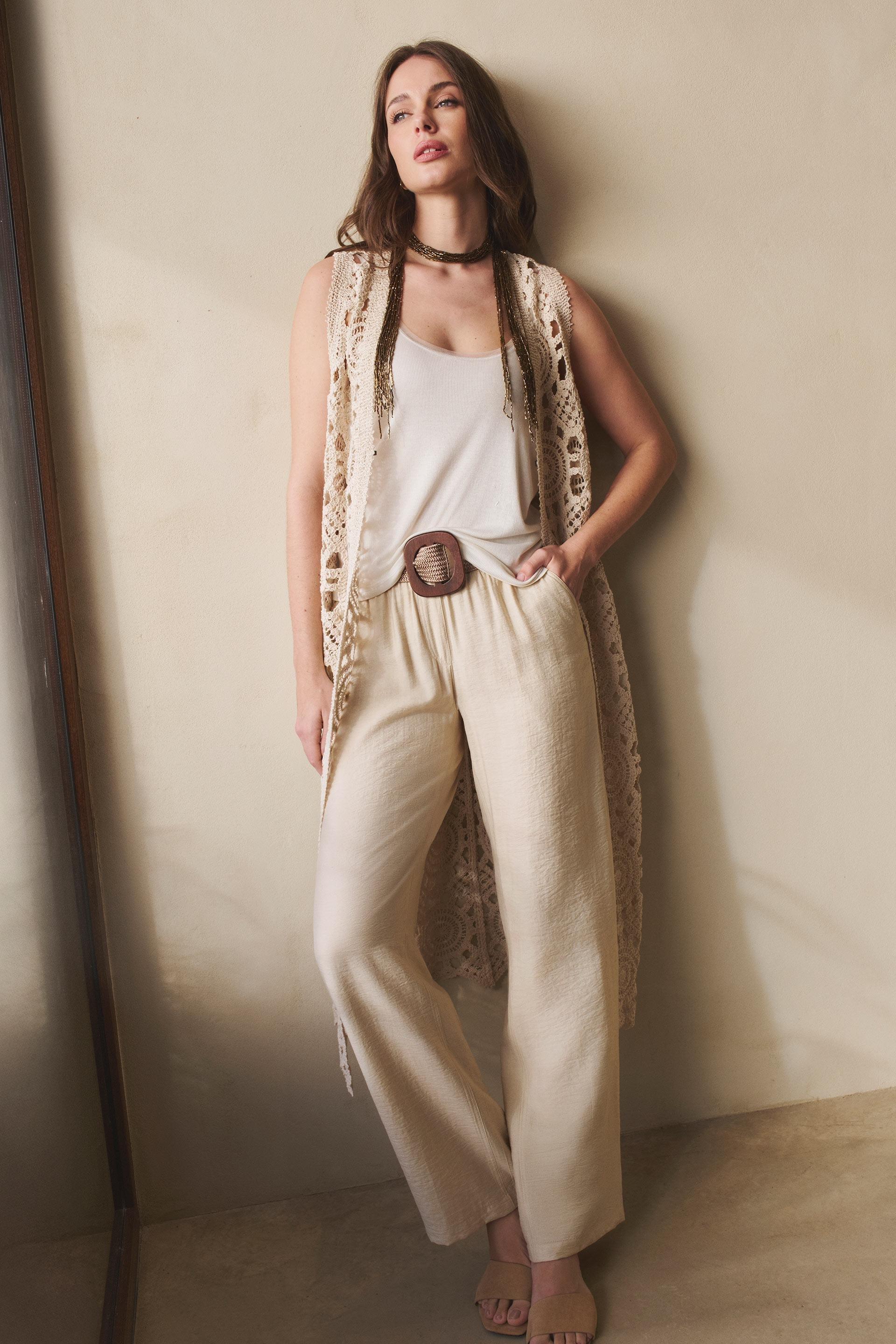 Wide-Leg Drawstring Trousers Beige, , large image number 0