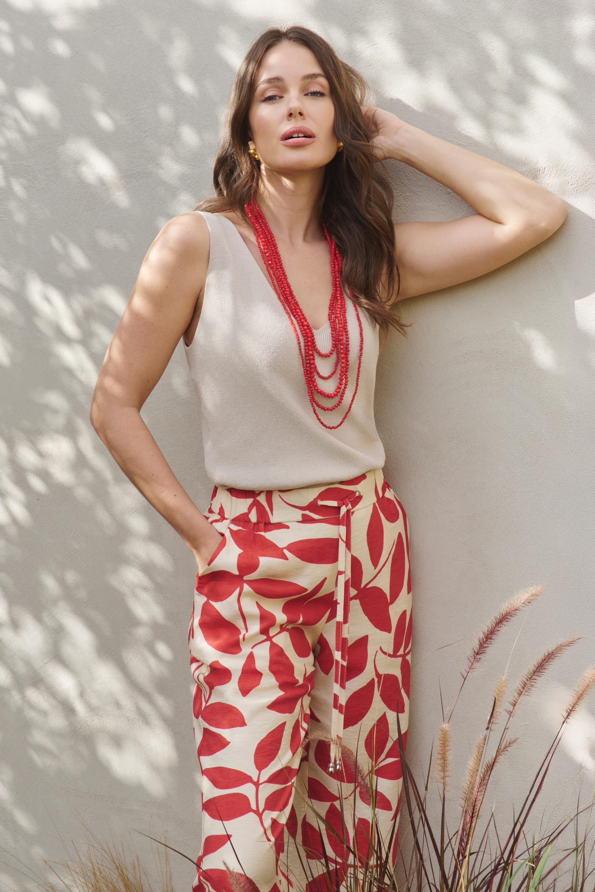 Red Leaf Print Trousers, Red, large image number 0