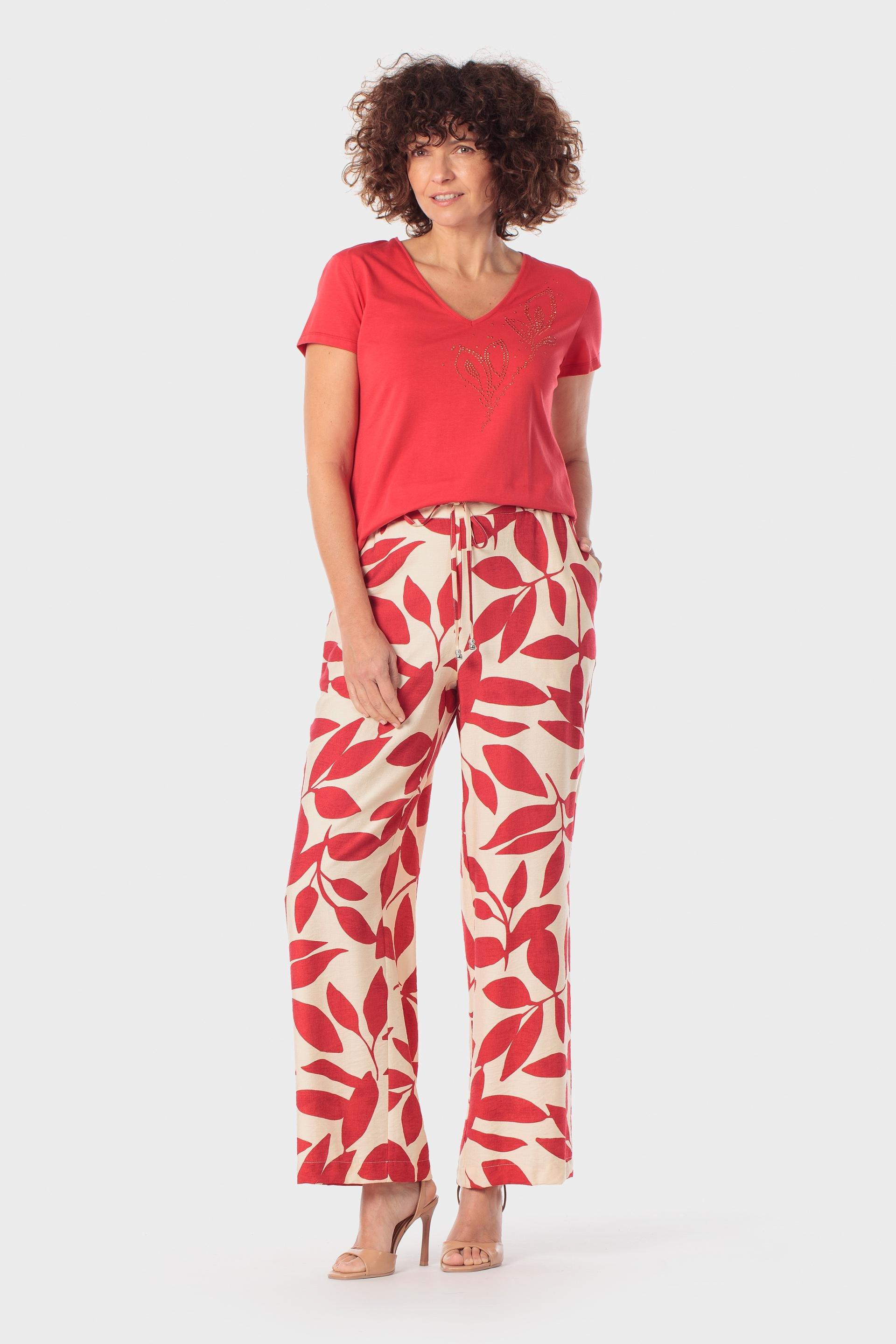 Red Leaf Print Trousers, Red, large image number 2