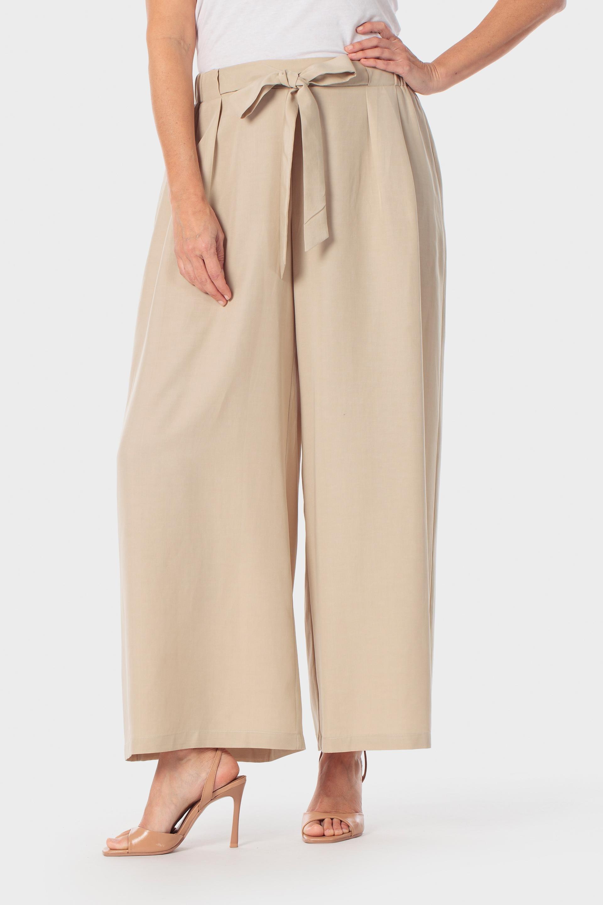 Wide-Leg Pleat Front Trousers with Belt Beige, Beige, large image number 2