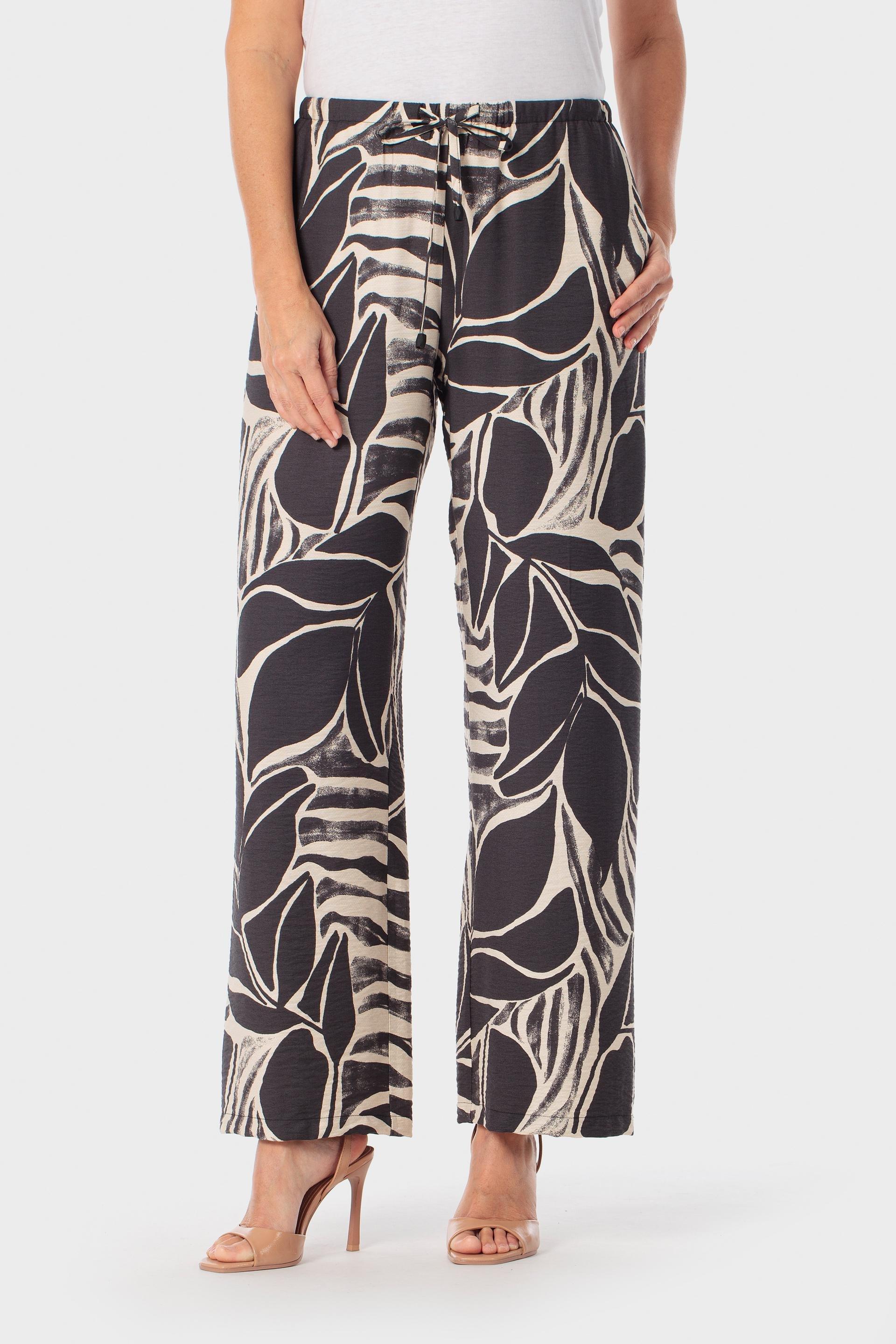 Leaf Print Wide-Leg Drawstring Trousers Black, Black, medium