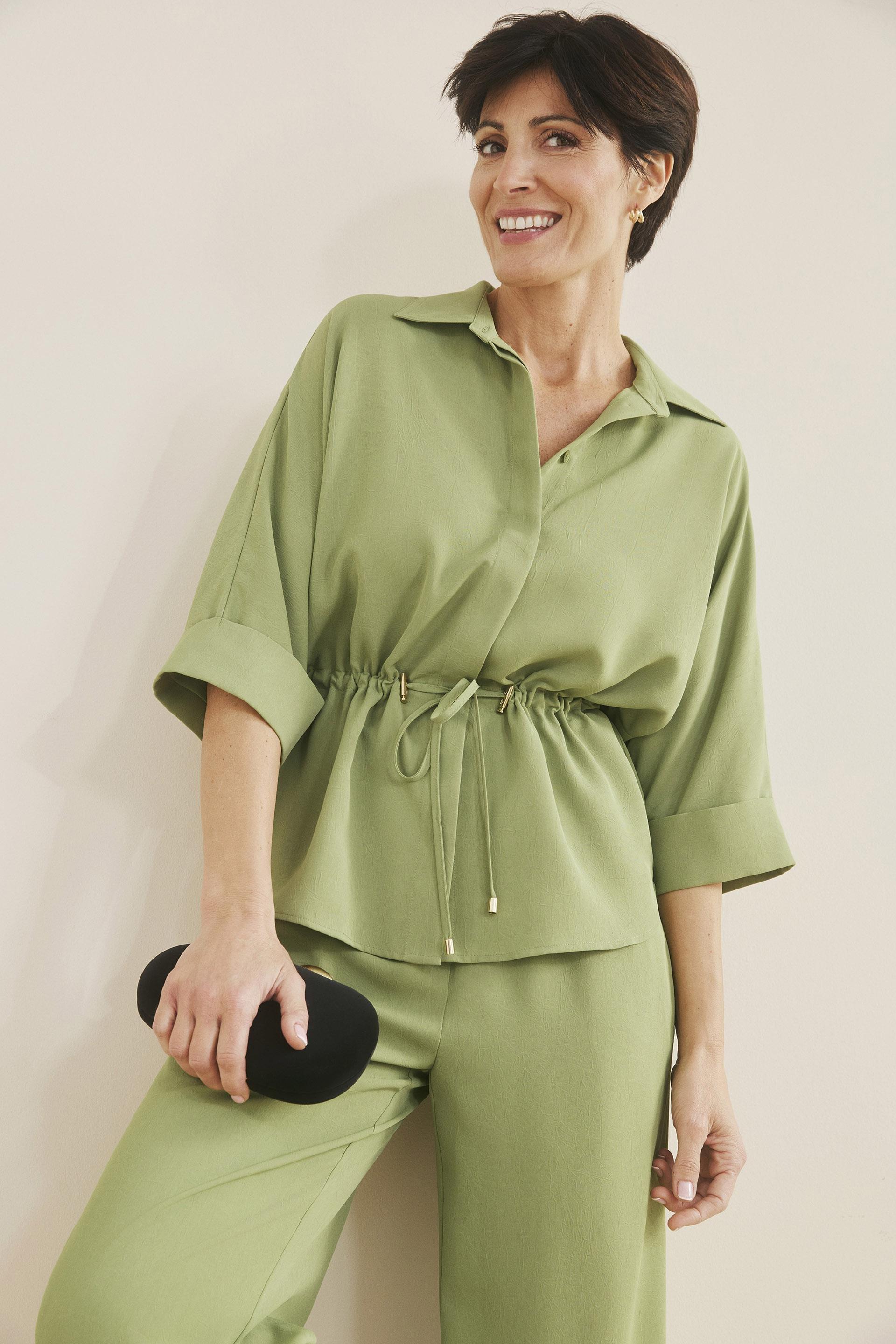 Drawstring Waist Concealed-Button Overshirt Green, Green Pistachio, large image number 0