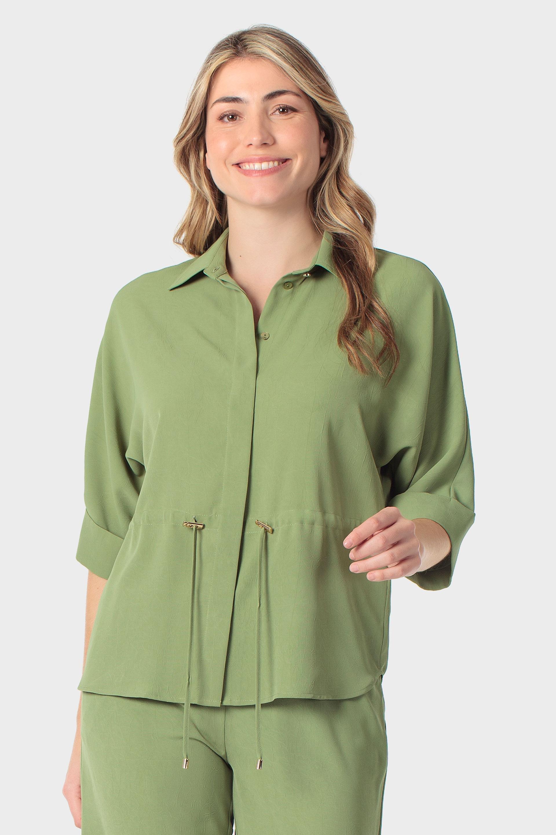 Drawstring Waist Concealed-Button Overshirt Green, Green Pistachio, large image number 1