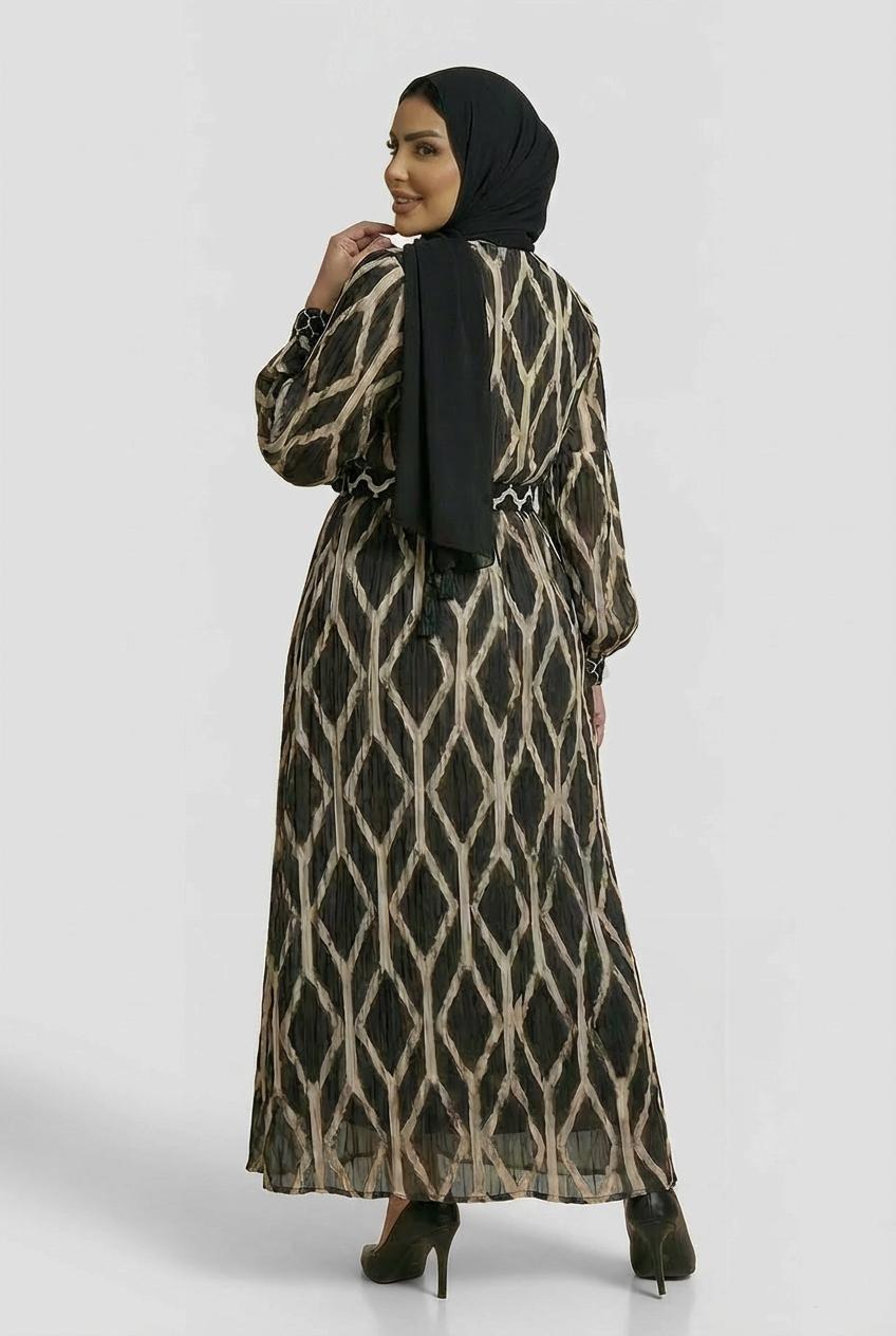Geometric Print Maxi Dress with Belt, Black, medium