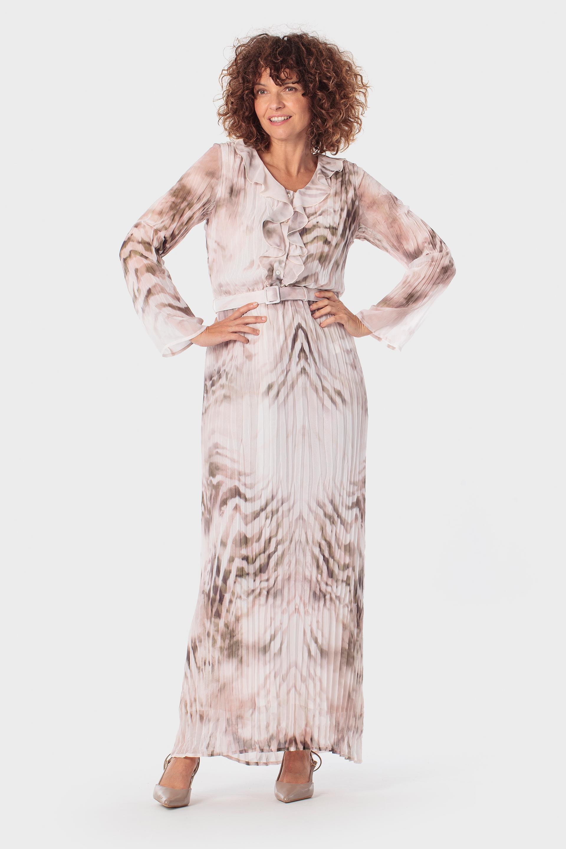 Beige Pleated Printed Dress, 3701_237, large image number 0