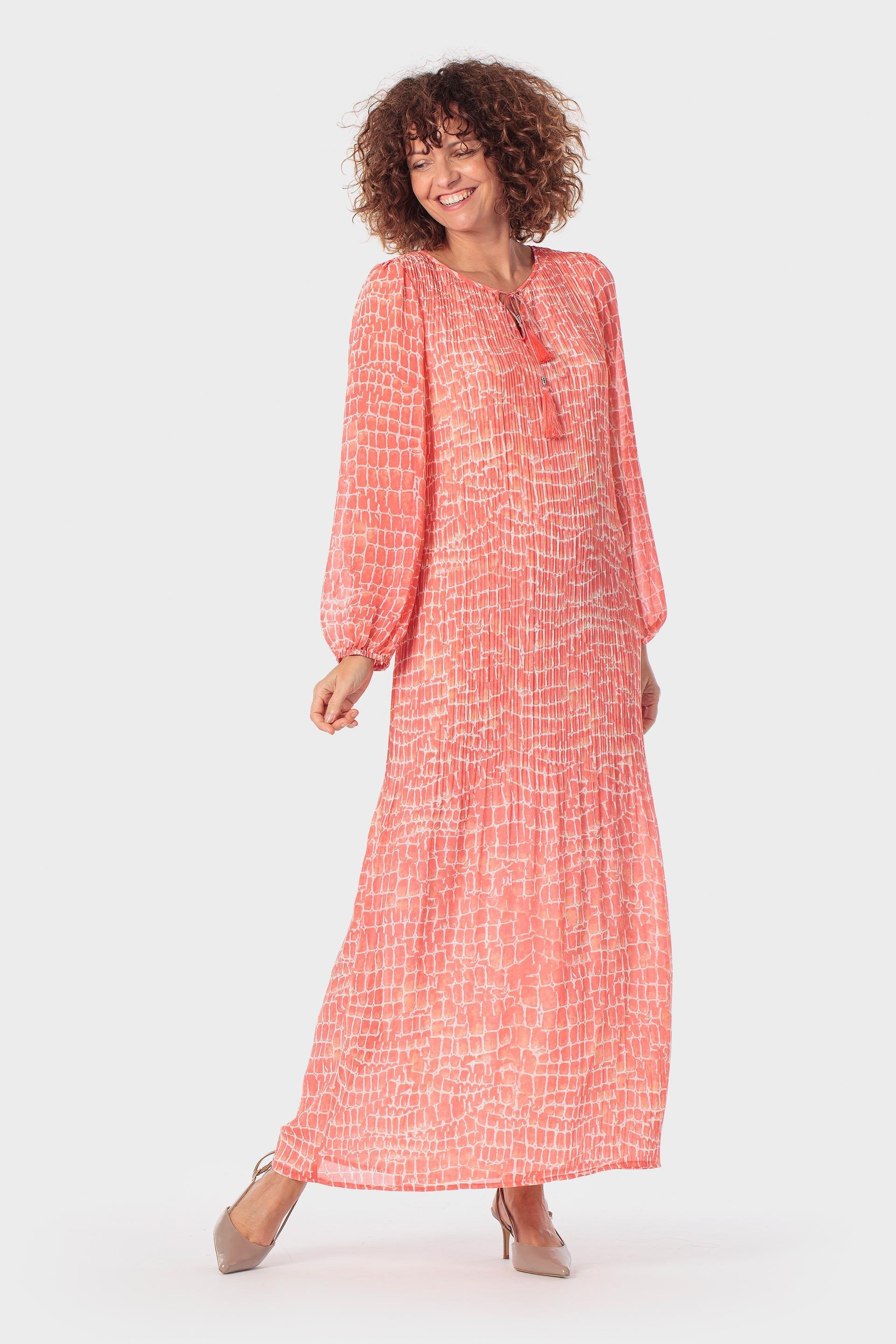 Orange Pleated Printed Dress, 3701_322, medium