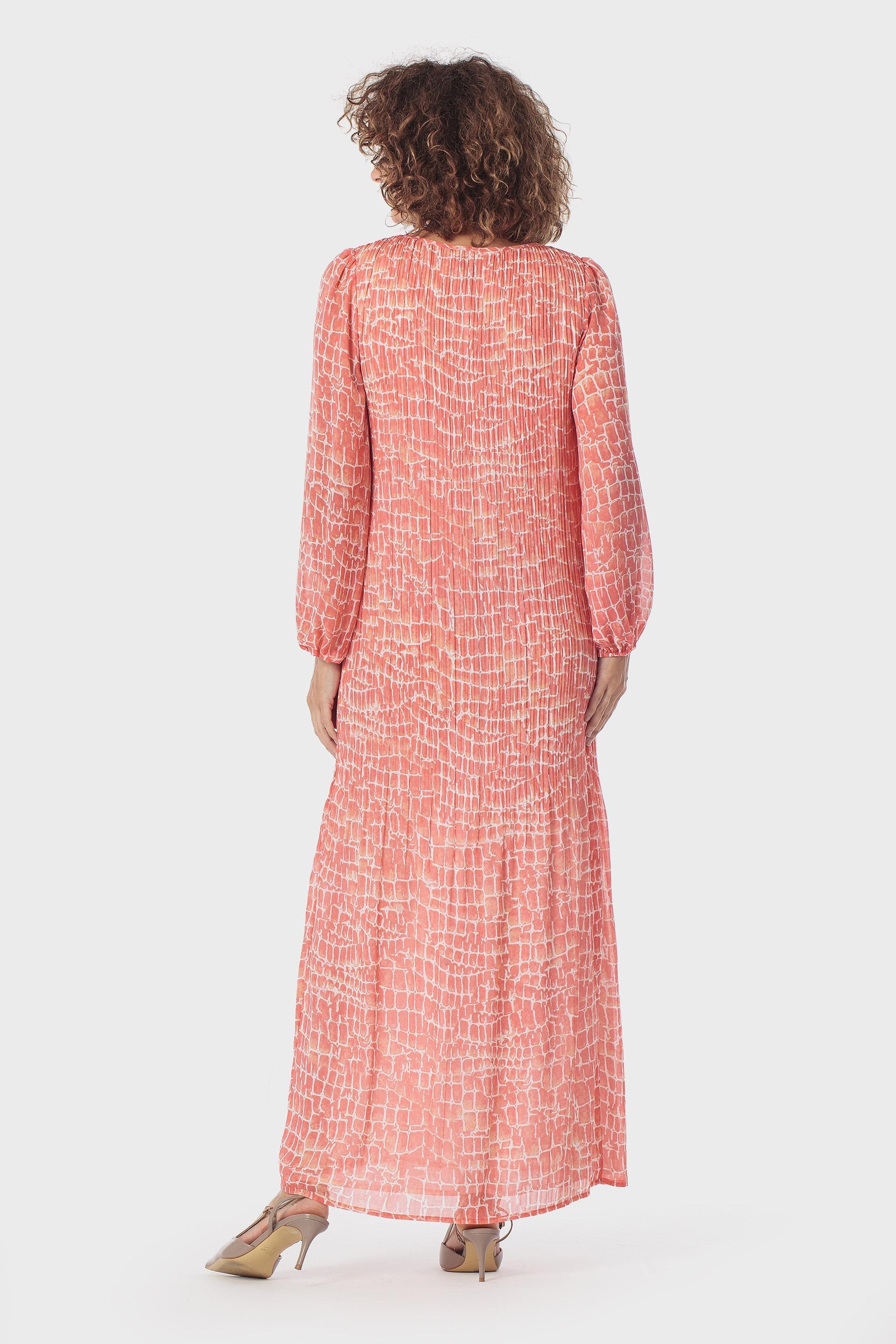 Orange Pleated Printed Dress, 3701_322, medium