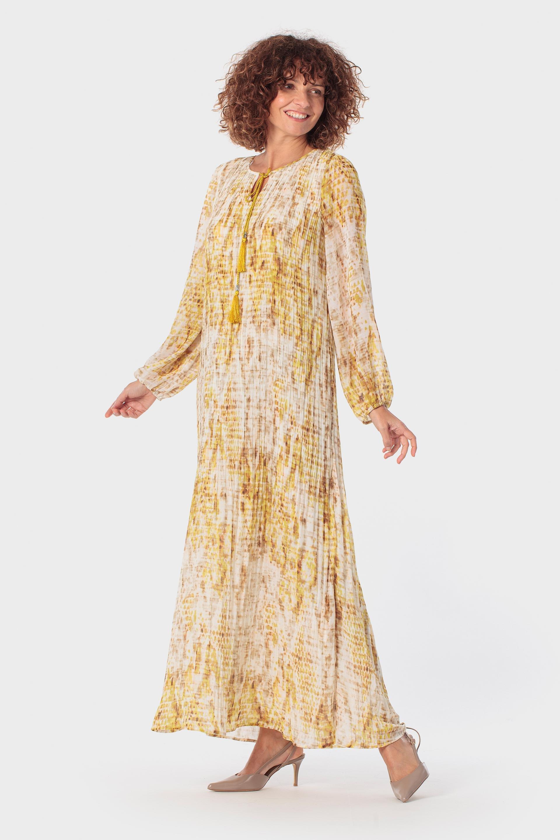 Pleated Skirt Printed Dress with Teardrop Neckline, 3701_398, medium