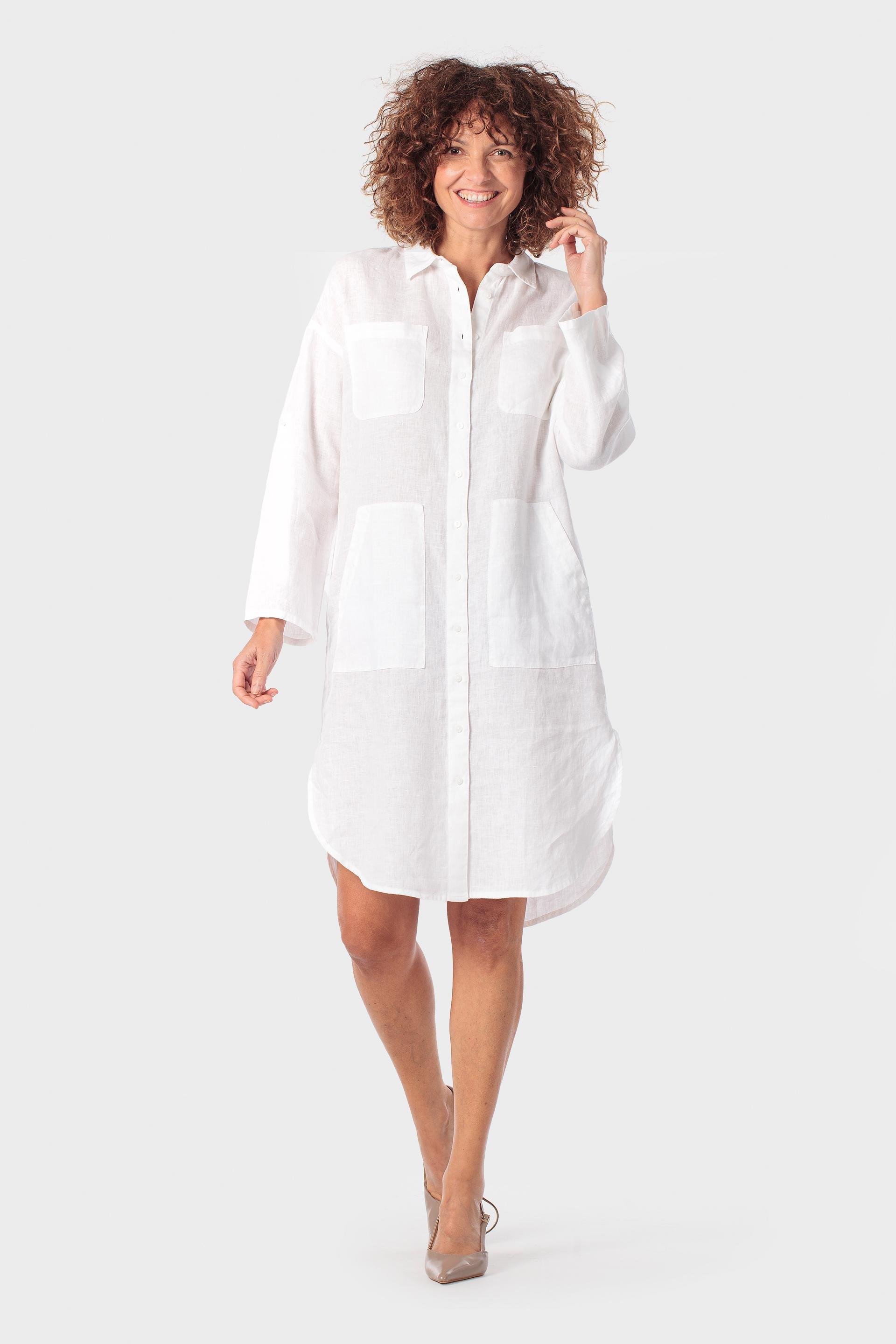 White Linen Shirt Dress, White, medium