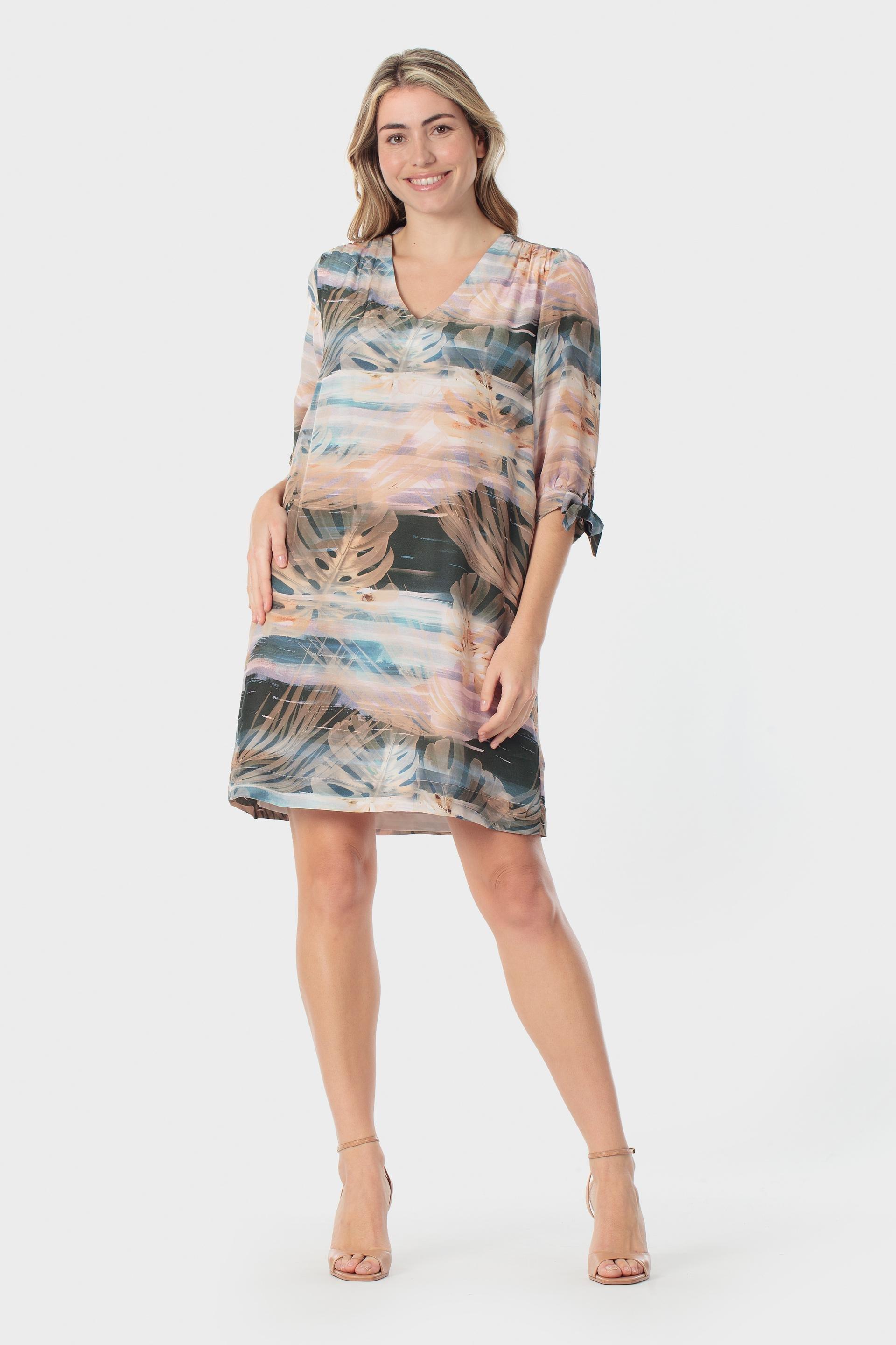 Tropical Print Tie-Sleeve Shift Dress Multicolour, Beige Toasted, medium